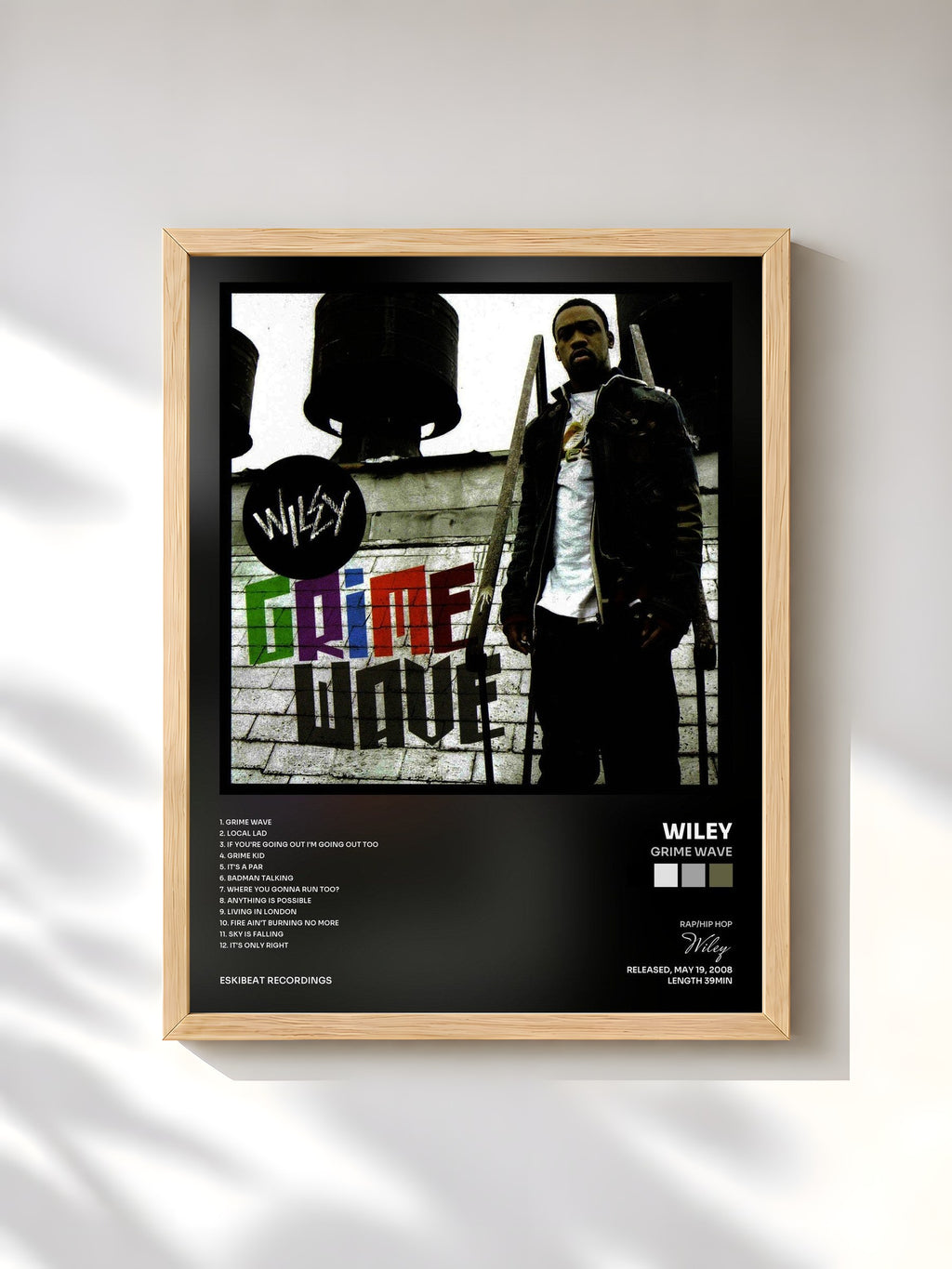 #bois Tableau de l'album Grime Wave de Wiley, cadre en bois brut, imprimé et encadré en France
