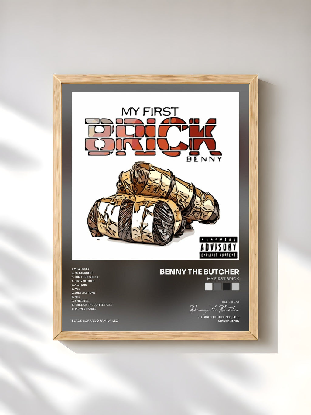 #bois Tableau de l'album My First Brick de Benny The Butcher, cadre en bois brut, imprimé et encadré en France