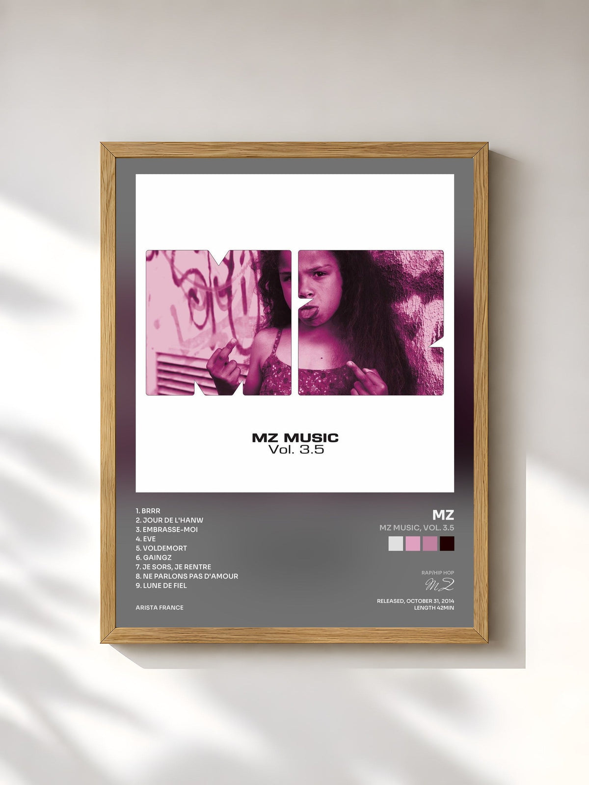 #bois Tableau de l'album MZ Music, Vol. 3.5 de MZ, cadre en bois brut, imprimé et encadré en France