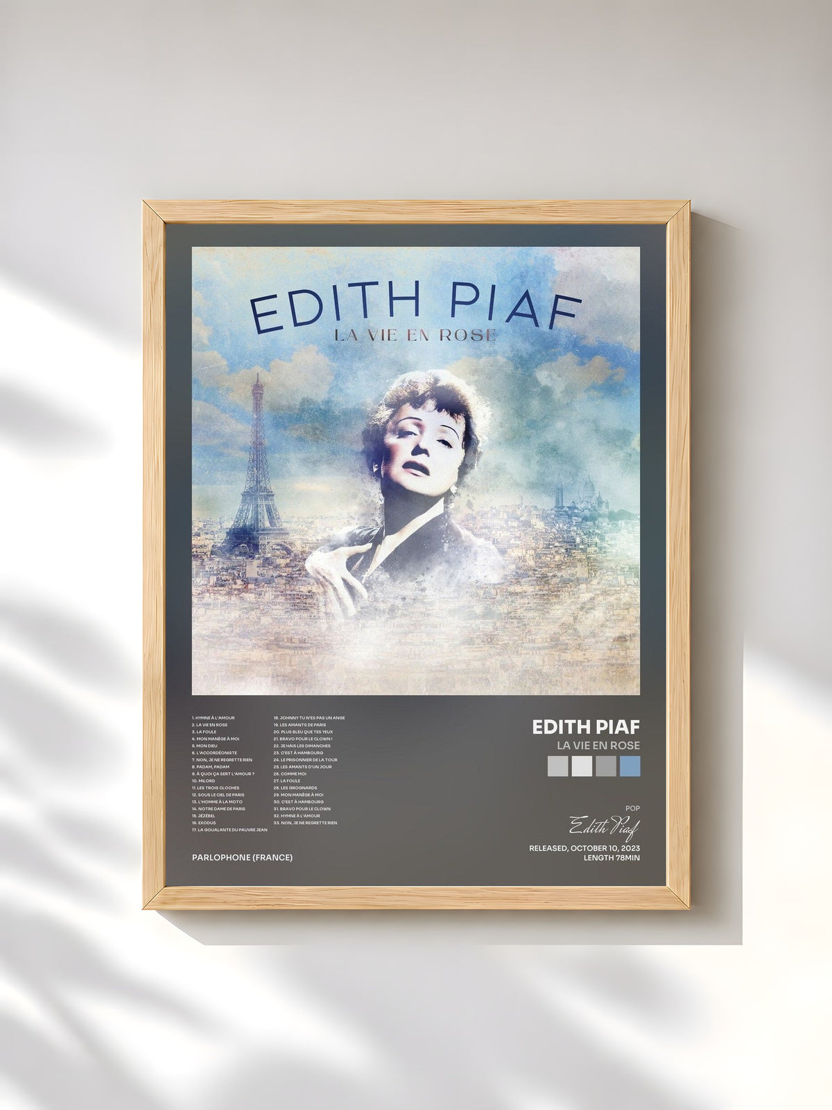 #bois Tableau de l'album La vie en rose de Edith Piaf, cadre en bois brut, imprimé et encadré en France