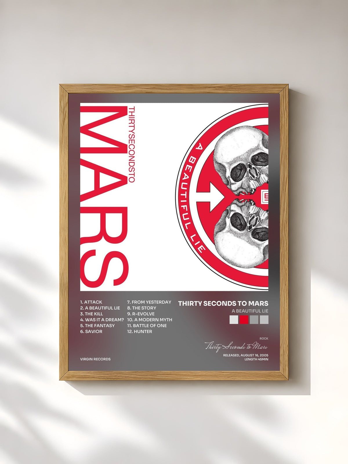 #bois Tableau de l'album A Beautiful Lie de Thirty Seconds to Mars, cadre en bois brut, imprimé et encadré en France