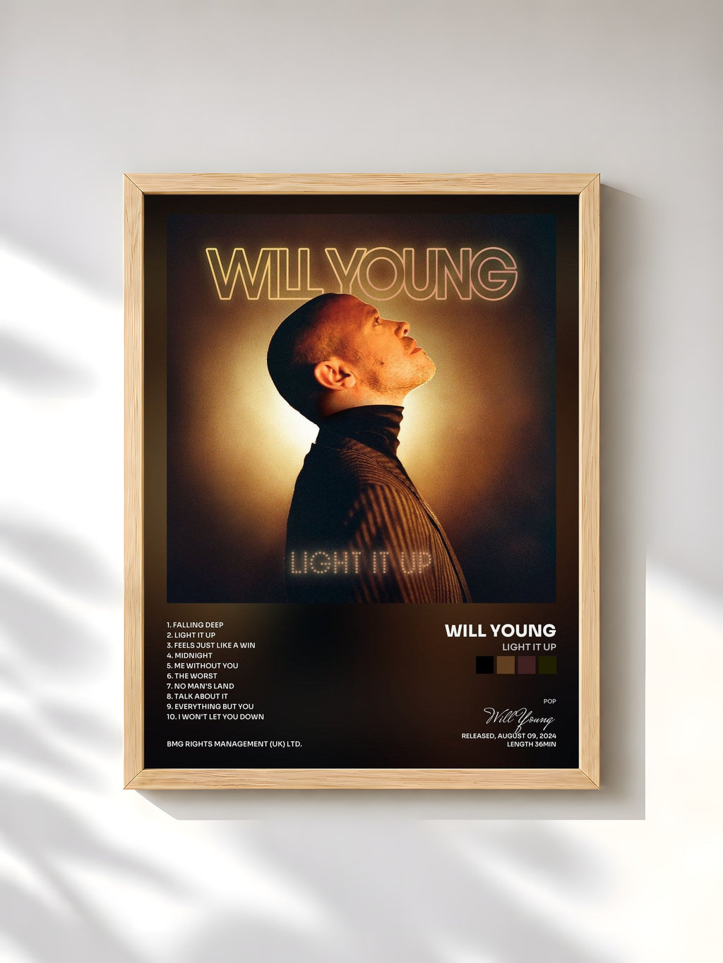 #bois Tableau de l'album Light It Up de Will Young, cadre en bois brut, imprimé et encadré en France