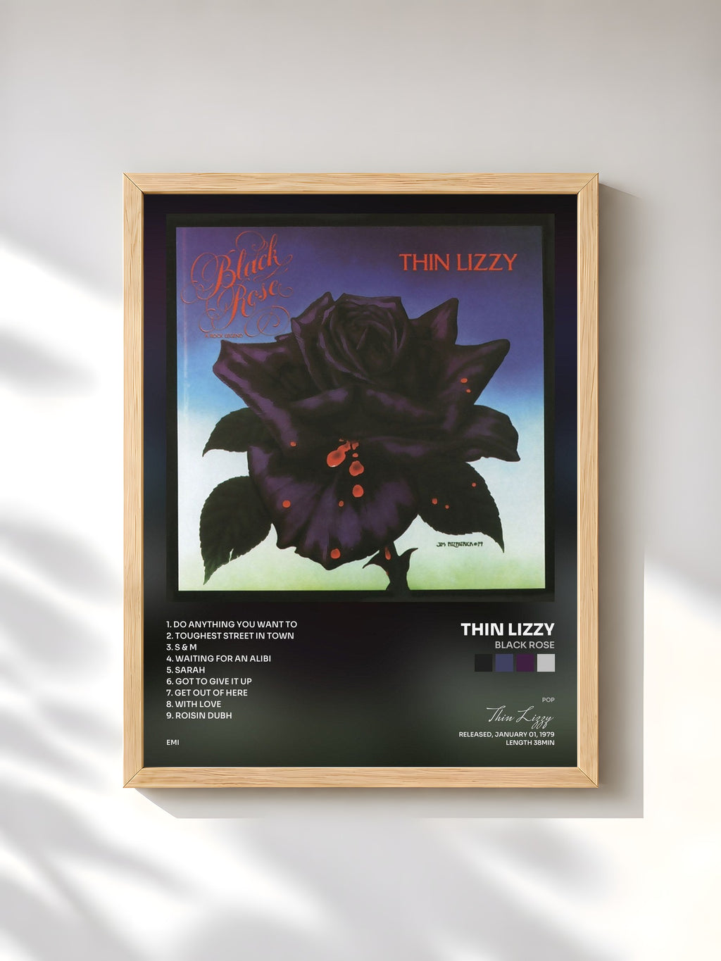 #bois Tableau de l'album Black Rose de Thin Lizzy, cadre en bois brut, imprimé et encadré en France