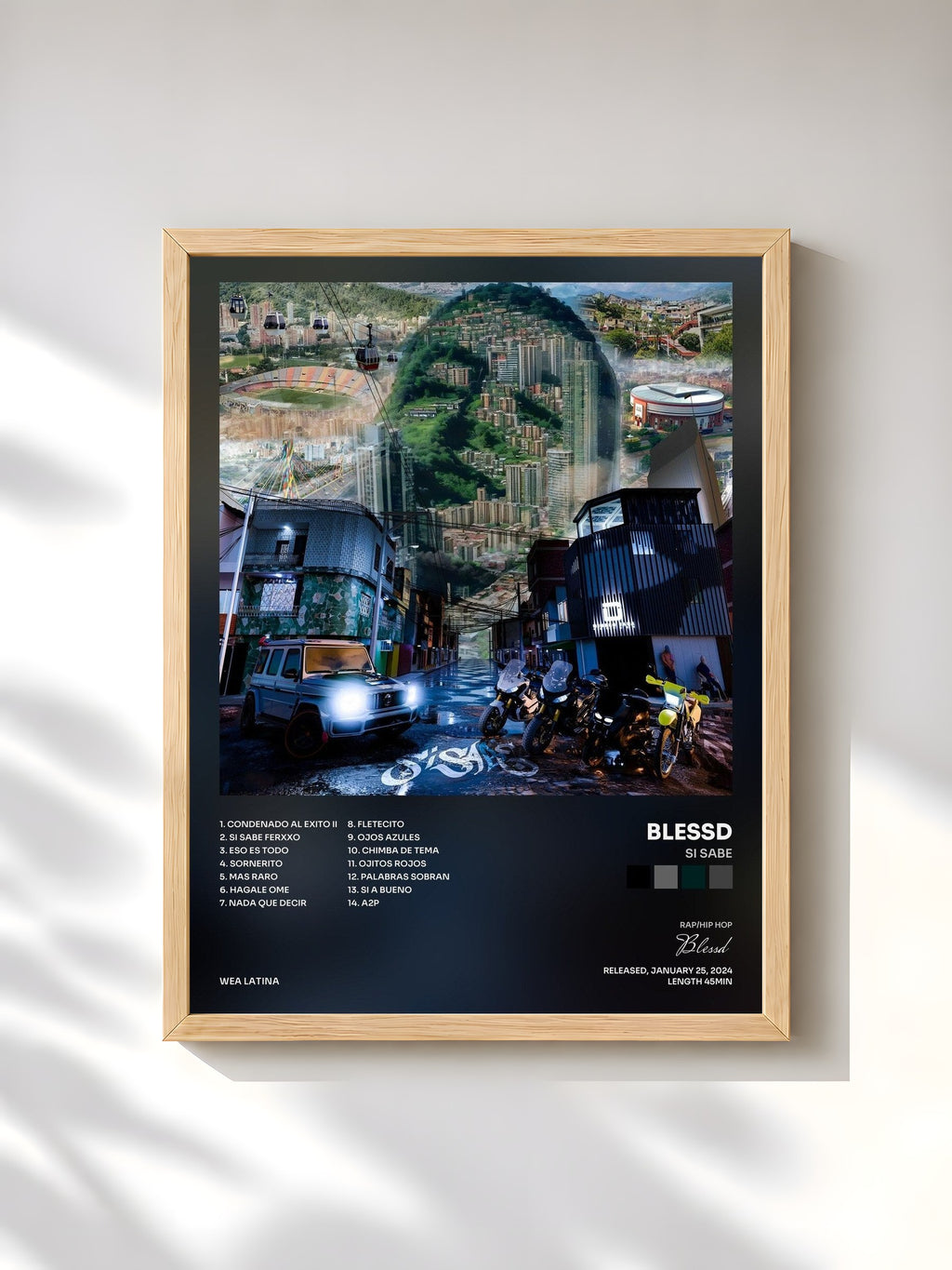#bois Tableau de l'album SI SABE de Blessd, cadre en bois brut, imprimé et encadré en France