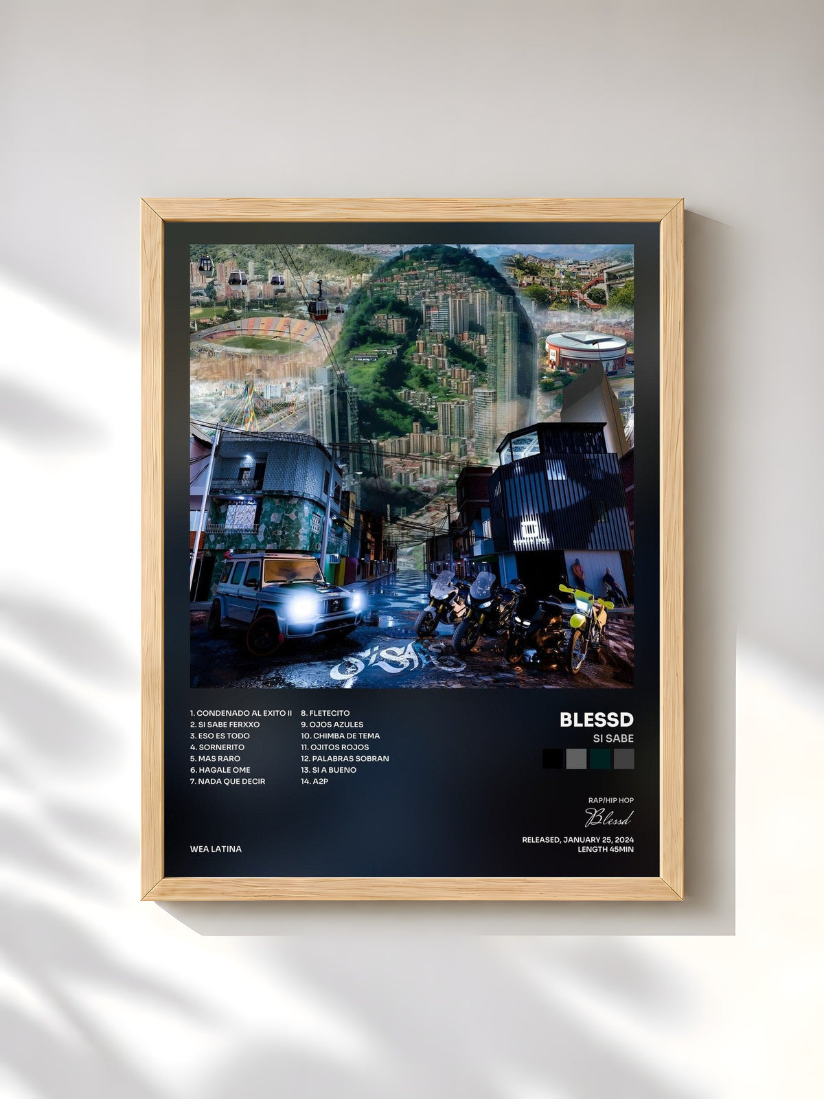 #bois Tableau de l'album SI SABE de Blessd, cadre en bois brut, imprimé et encadré en France