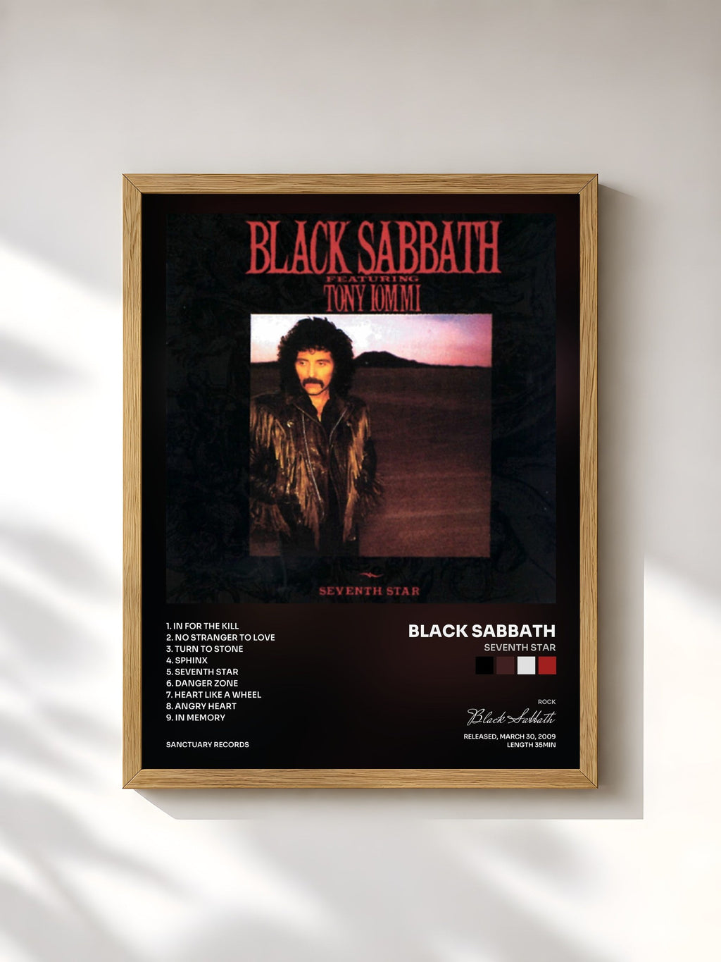 #bois Tableau de l'album Seventh Star de Black Sabbath, cadre en bois brut, imprimé et encadré en France
