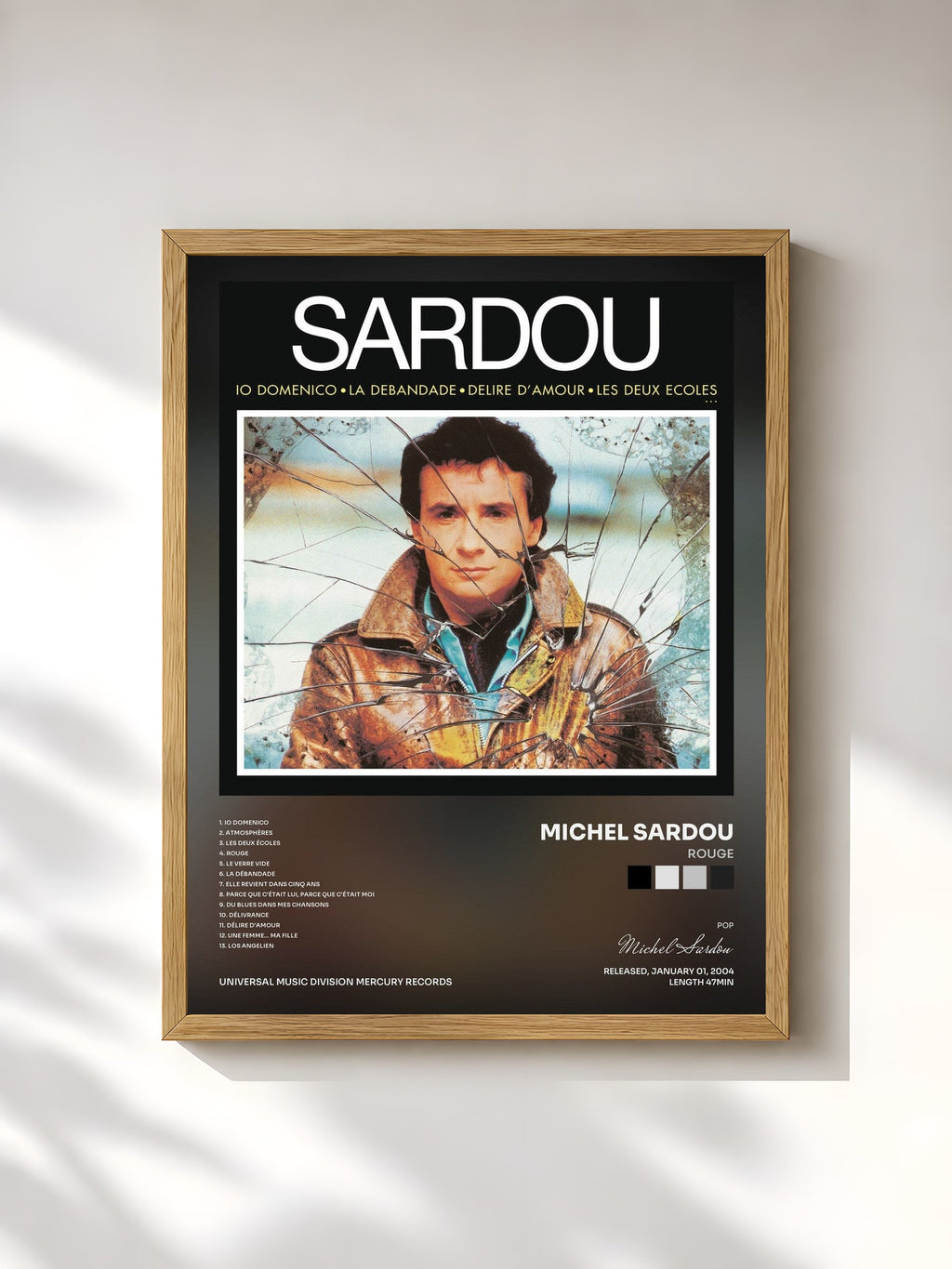 #bois Tableau de l'album Rouge de Michel Sardou, cadre en bois brut, imprimé et encadré en France