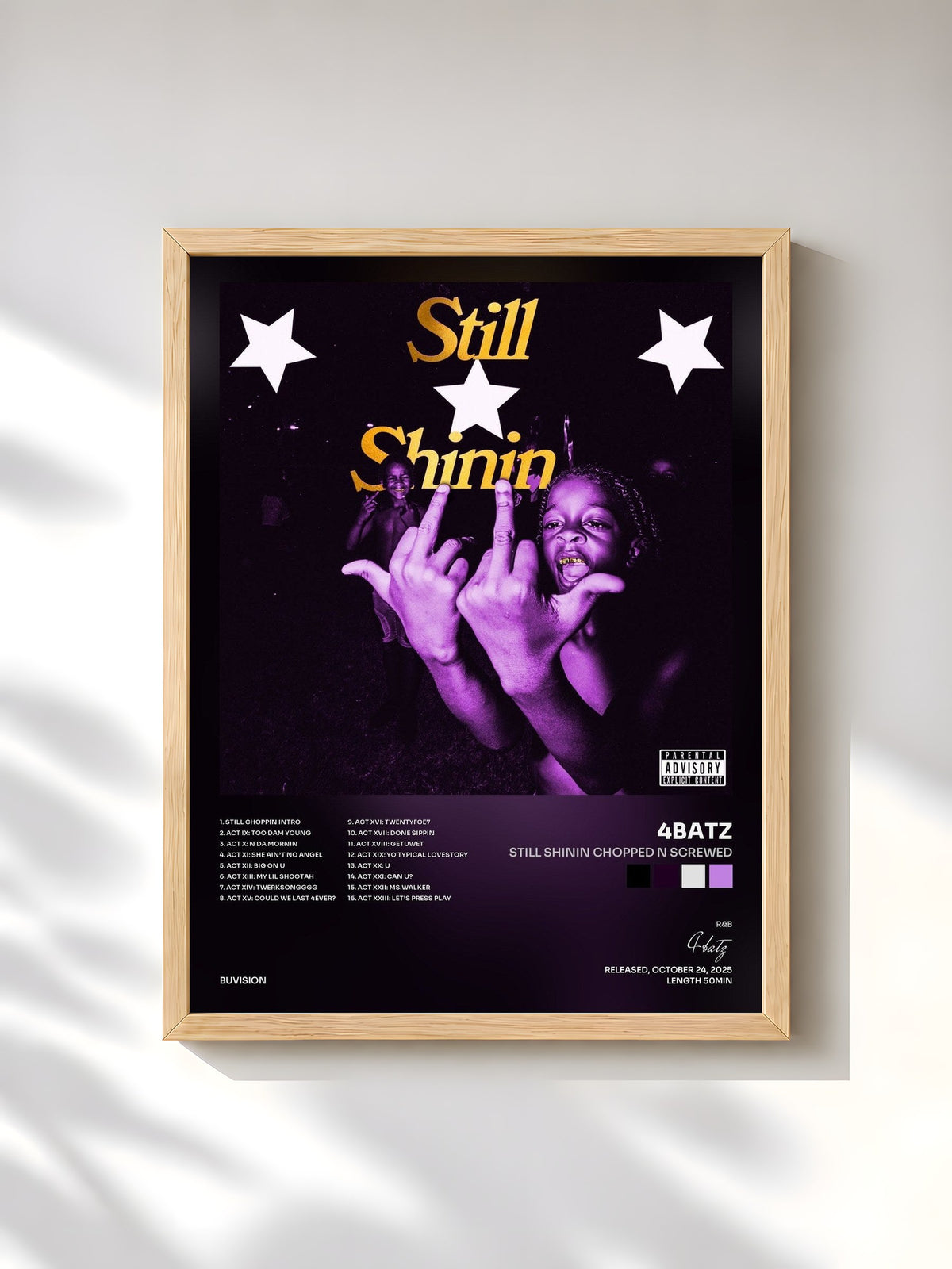 #bois Tableau de l'album Still Shinin chopped n screwed de 4batz, cadre en bois brut, imprimé et encadré en France