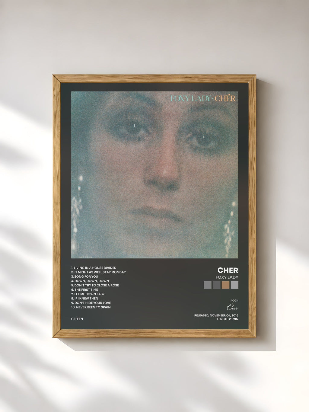 #bois Tableau de l'album Foxy Lady de Cher, cadre en bois brut, imprimé et encadré en France
