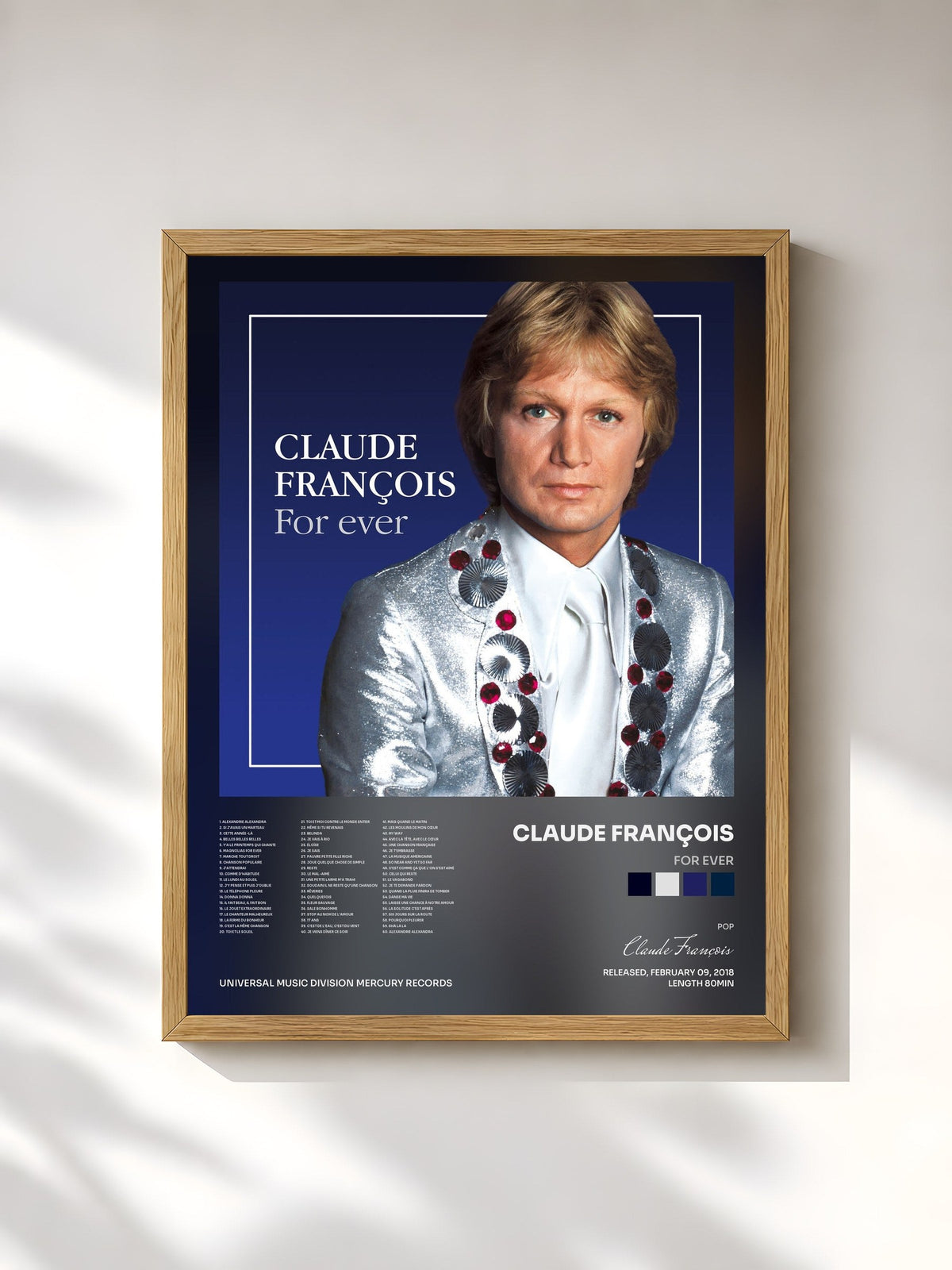 #bois Tableau de l'album For Ever de Claude François, cadre en bois brut, imprimé et encadré en France