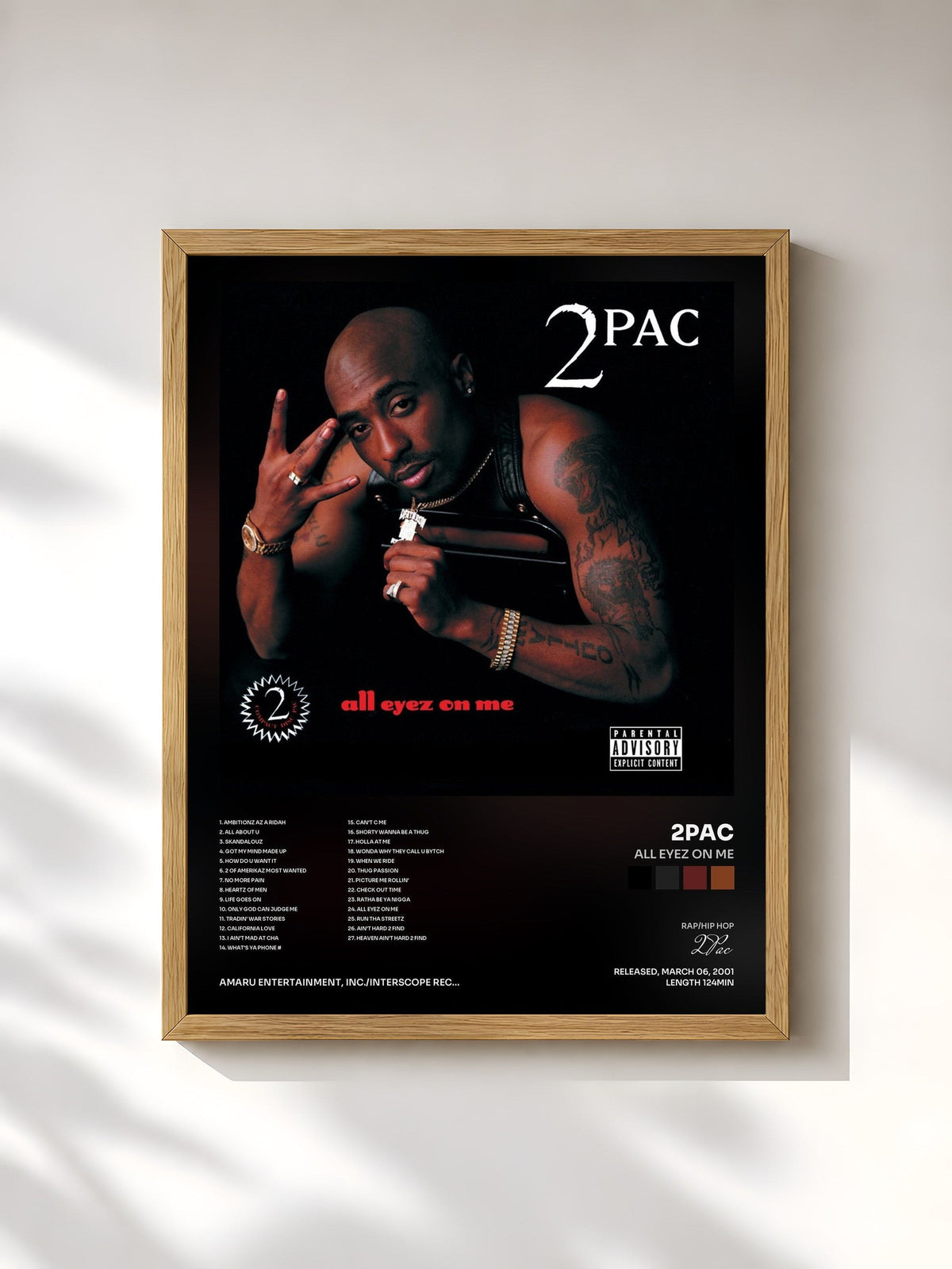 #bois Tableau de l'album All Eyez On Me de 2Pac, cadre en bois brut, imprimé et encadré en France
