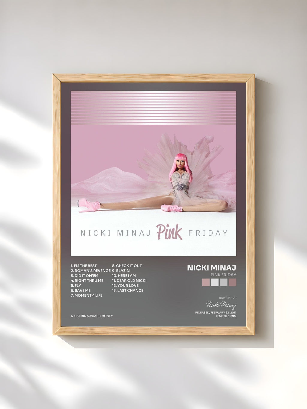 #bois Tableau de l'album Pink Friday de Nicki Minaj, cadre en bois brut, imprimé et encadré en France