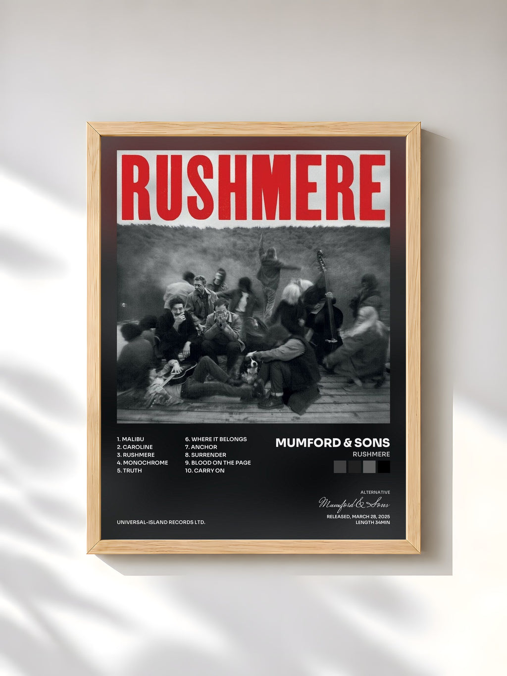 #bois Tableau de l'album RUSHMERE de Mumford & Sons, cadre en bois brut, imprimé et encadré en France