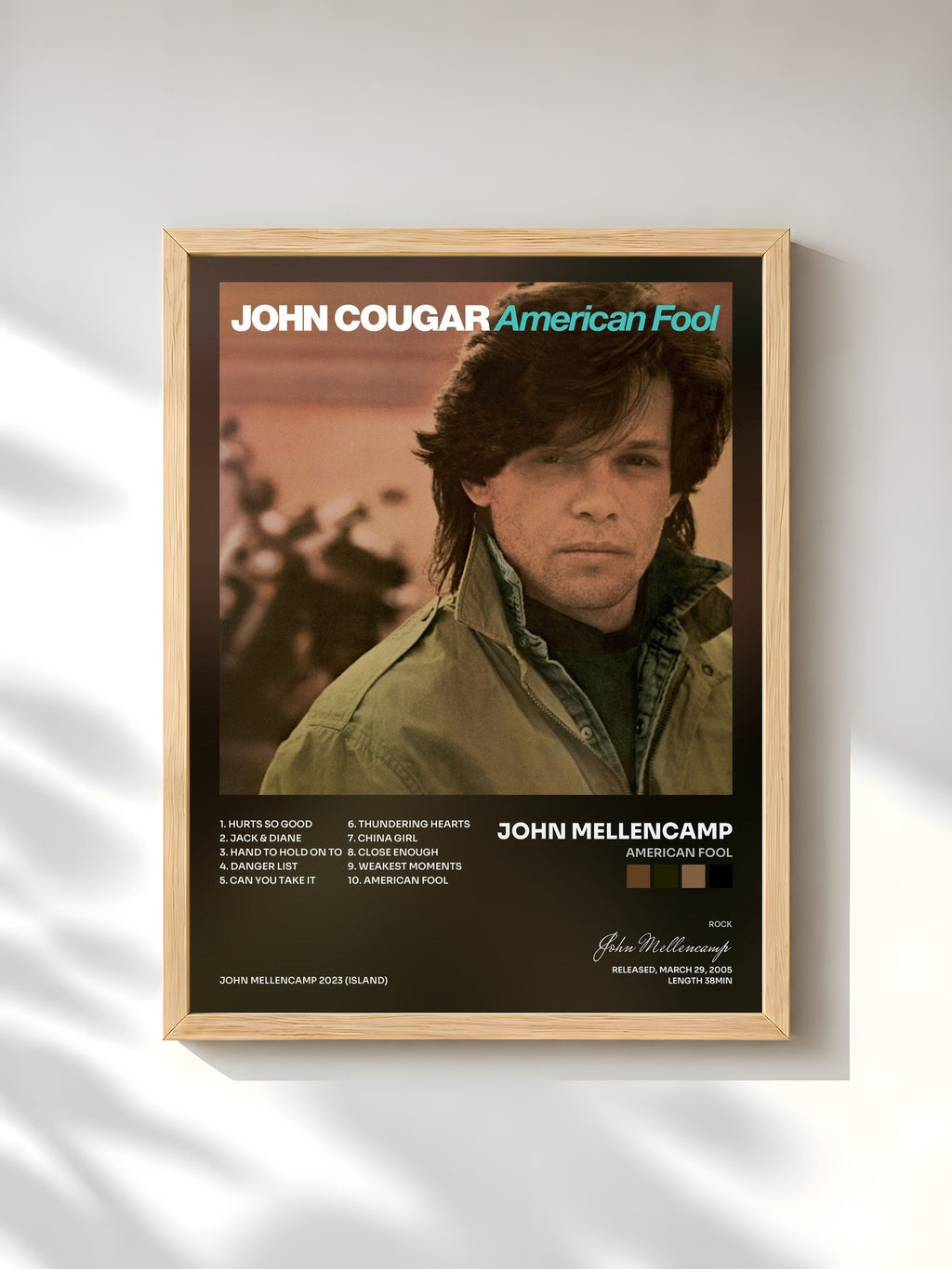 #bois Tableau de l'album American Fool de John Mellencamp, cadre en bois brut, imprimé et encadré en France