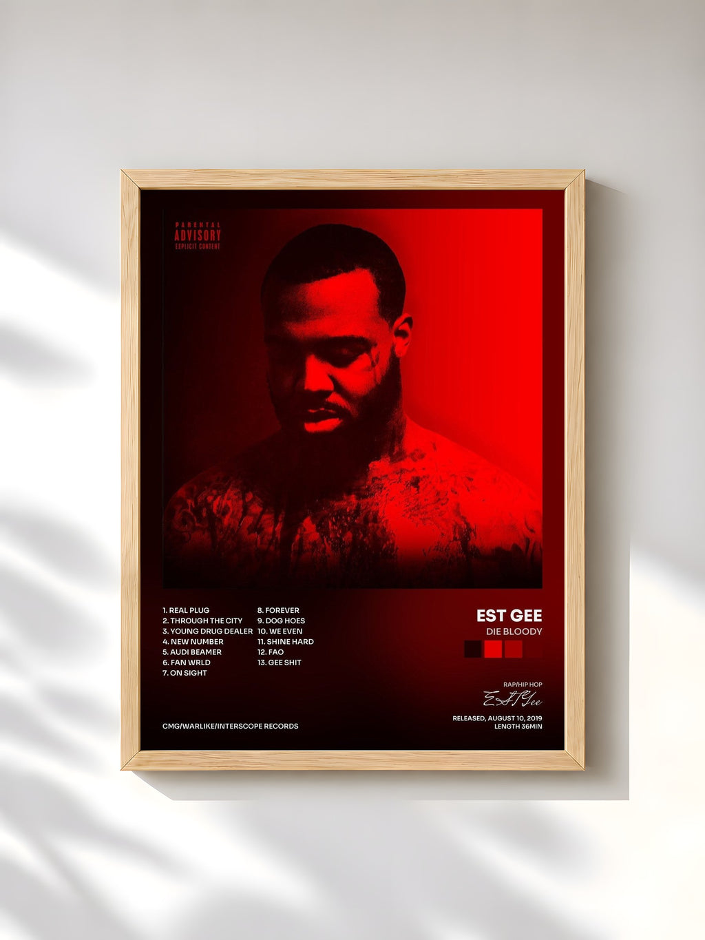 #bois Tableau de l'album Die Bloody de EST Gee, cadre en bois brut, imprimé et encadré en France