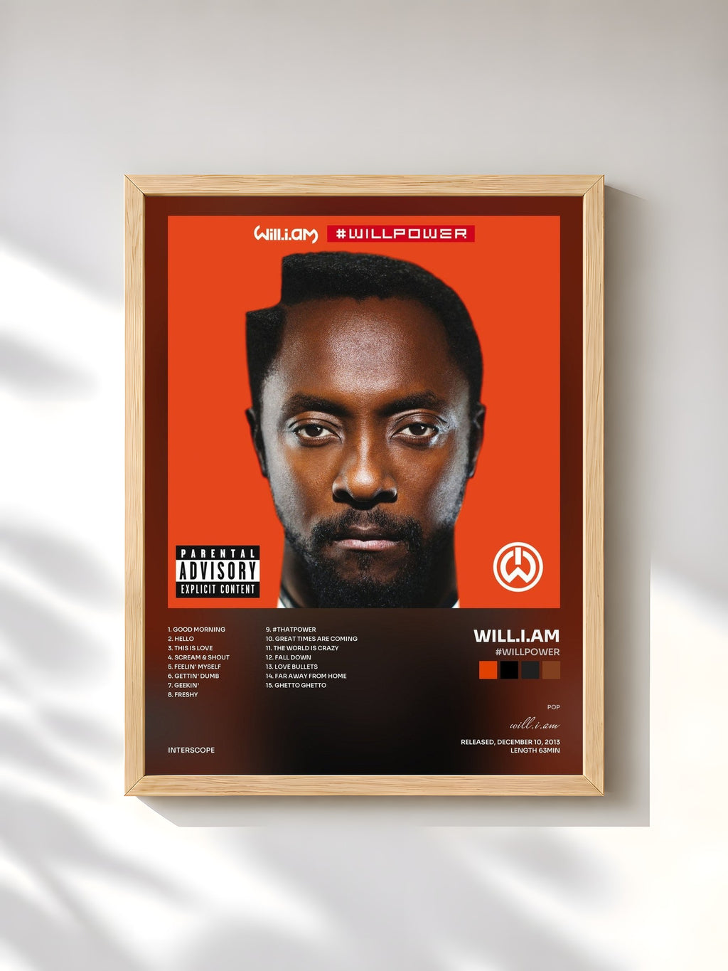 #bois Tableau de l'album #willpower de will.i.am, cadre en bois brut, imprimé et encadré en France