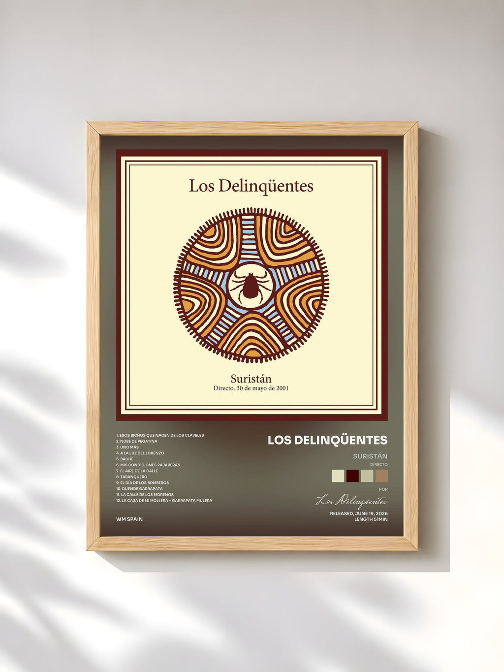 #bois Tableau de l'album Suristán (Directo) de Los Delinqüentes, cadre en bois brut, imprimé et encadré en France