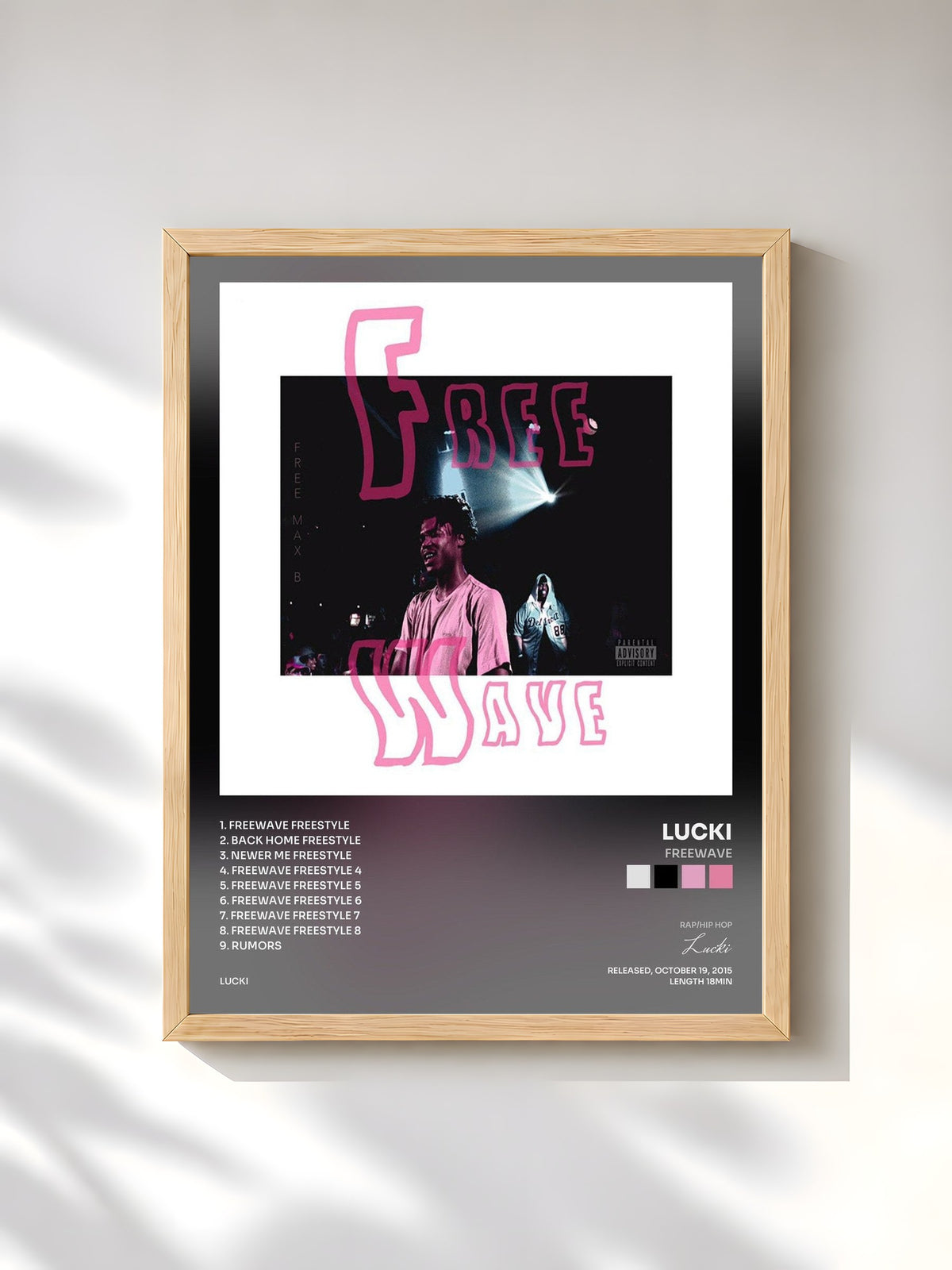 #bois Tableau de l'album Freewave de Lucki, cadre en bois brut, imprimé et encadré en France