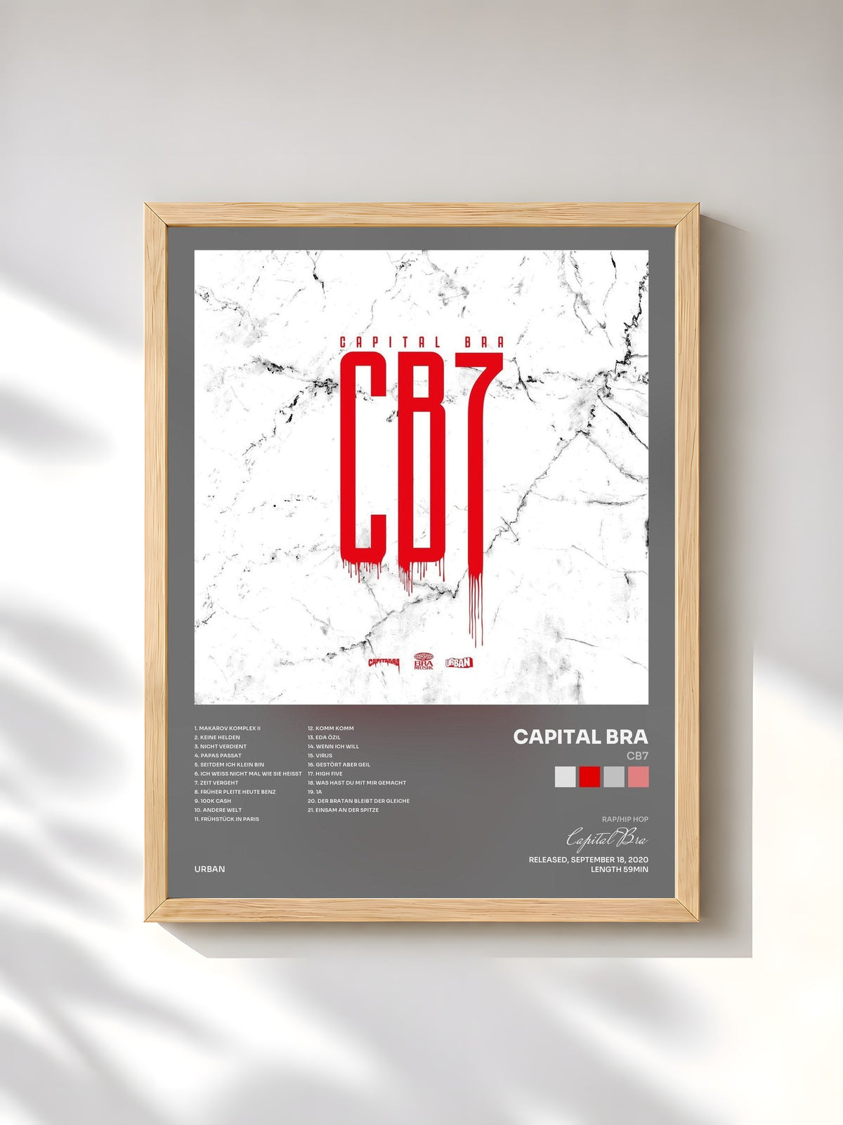 #bois Tableau de l'album CB7 de Capital Bra, cadre en bois brut, imprimé et encadré en France