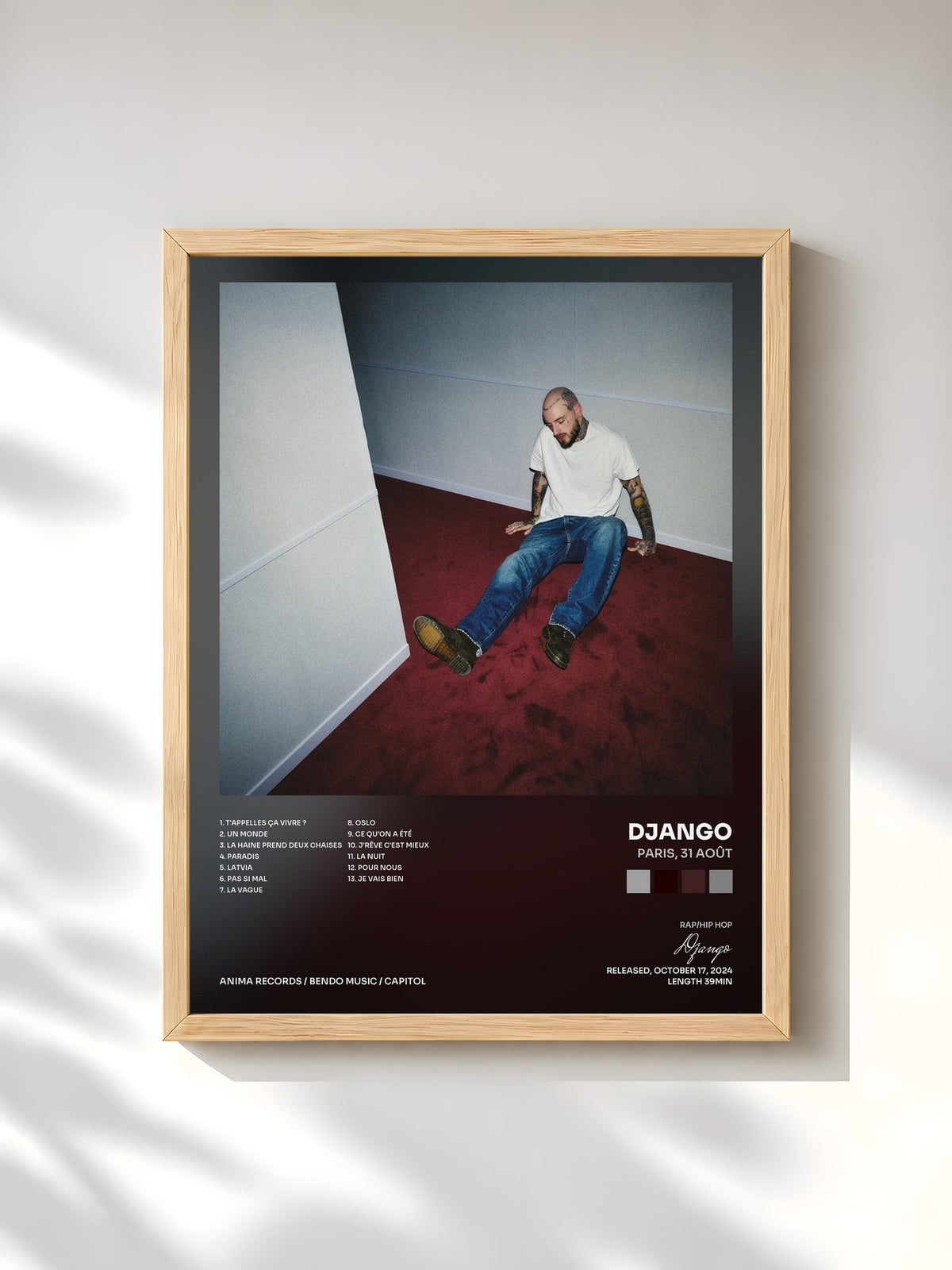 #bois Tableau de l'album paris, 31 août de Django, cadre en bois brut, imprimé et encadré en France