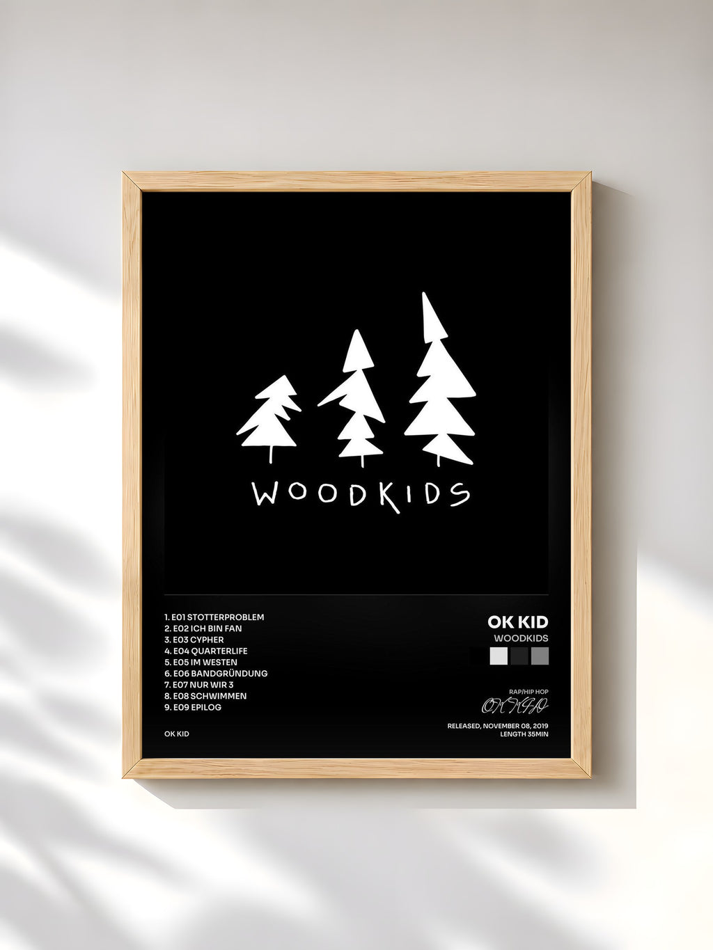 #bois Tableau de l'album Woodkids de OK KID, cadre en bois brut, imprimé et encadré en France