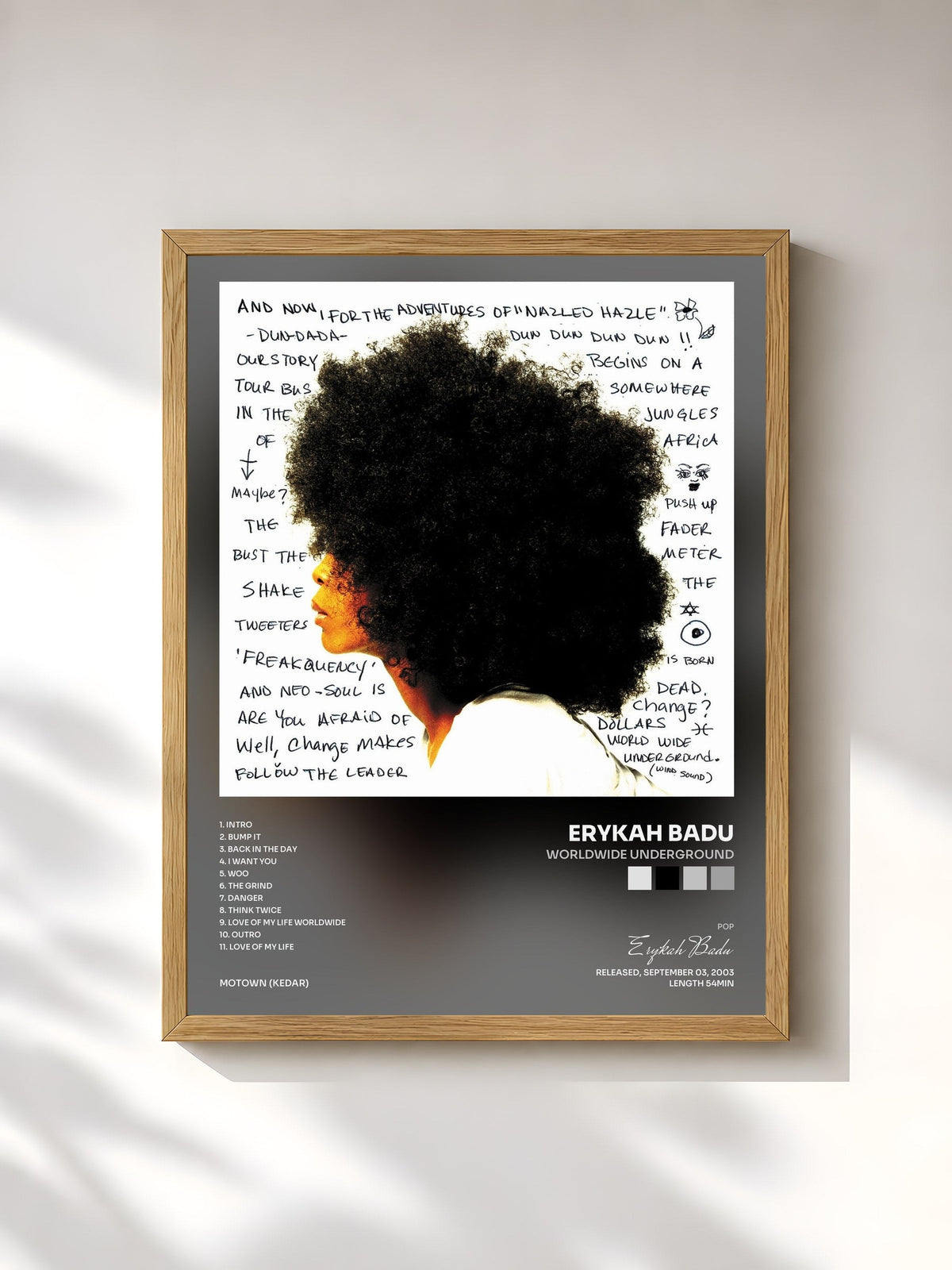 #bois Tableau de l'album Worldwide Underground de Erykah Badu, cadre en bois brut, imprimé et encadré en France