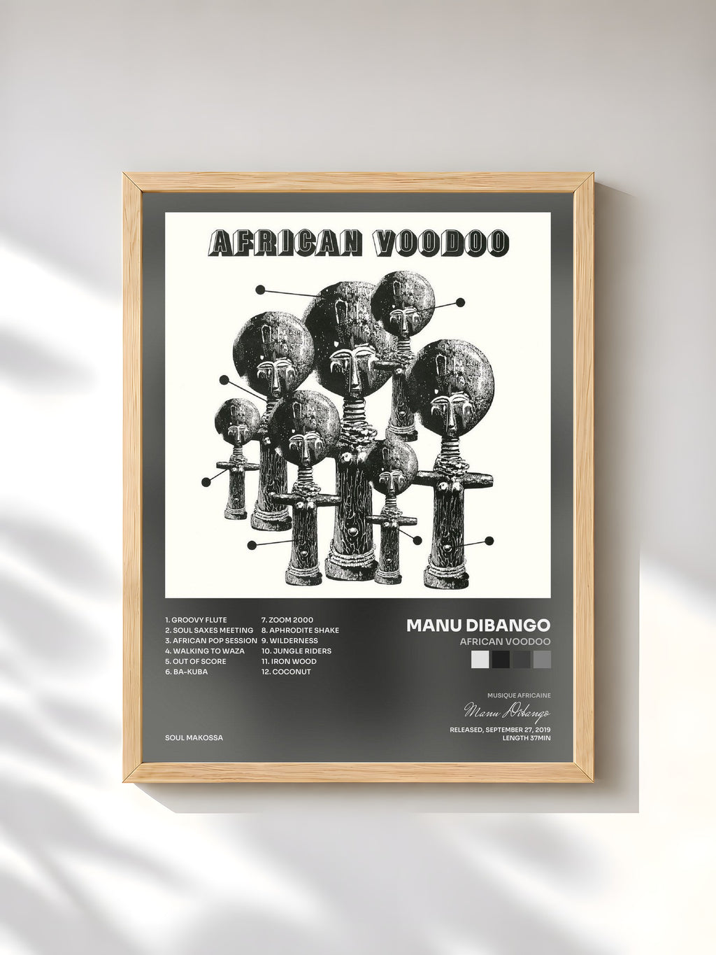 #bois Tableau de l'album African Voodoo de Manu Dibango, cadre en bois brut, imprimé et encadré en France
