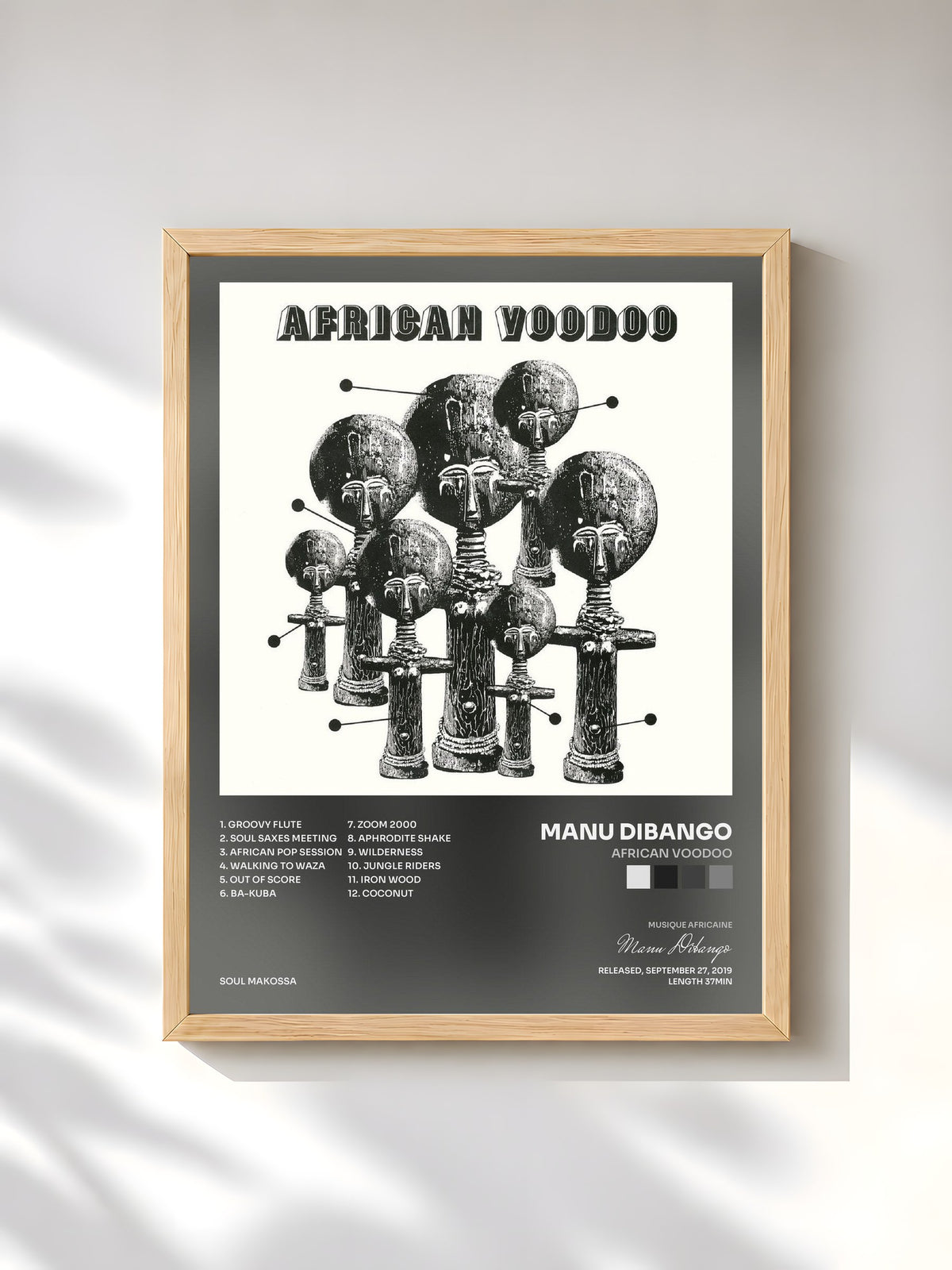 #bois Tableau de l'album African Voodoo de Manu Dibango, cadre en bois brut, imprimé et encadré en France