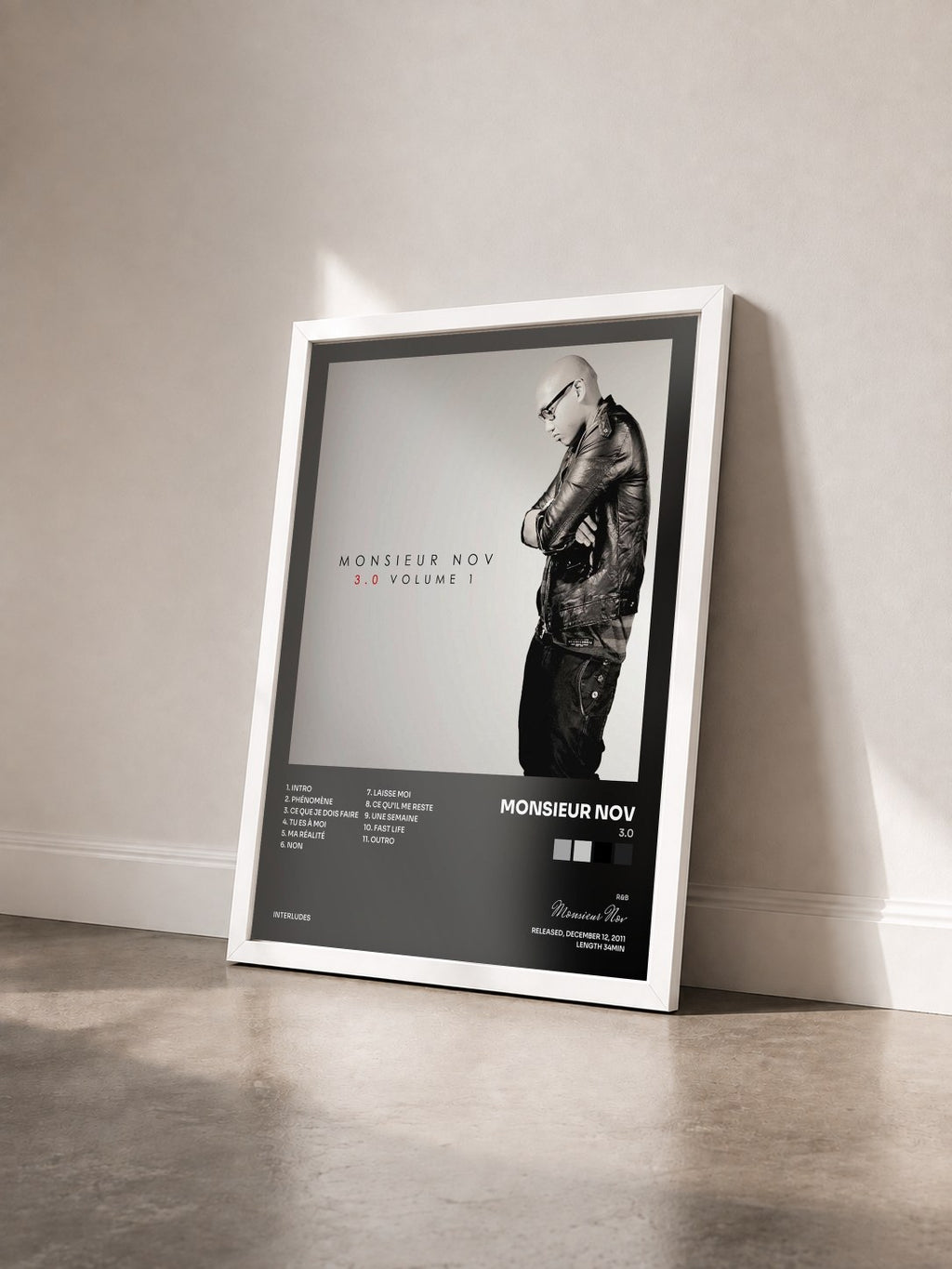 #blanc Tableau de l'album 3.0 de Monsieur Nov vu de trois quarts, cadre blanc