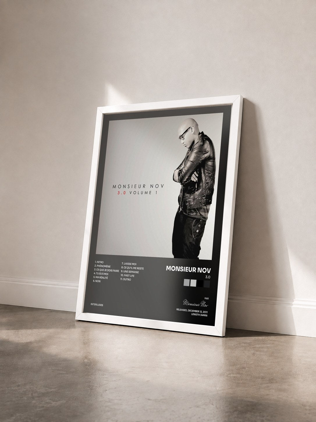 #blanc Tableau de l'album 3.0 de Monsieur Nov vu de trois quarts, cadre blanc