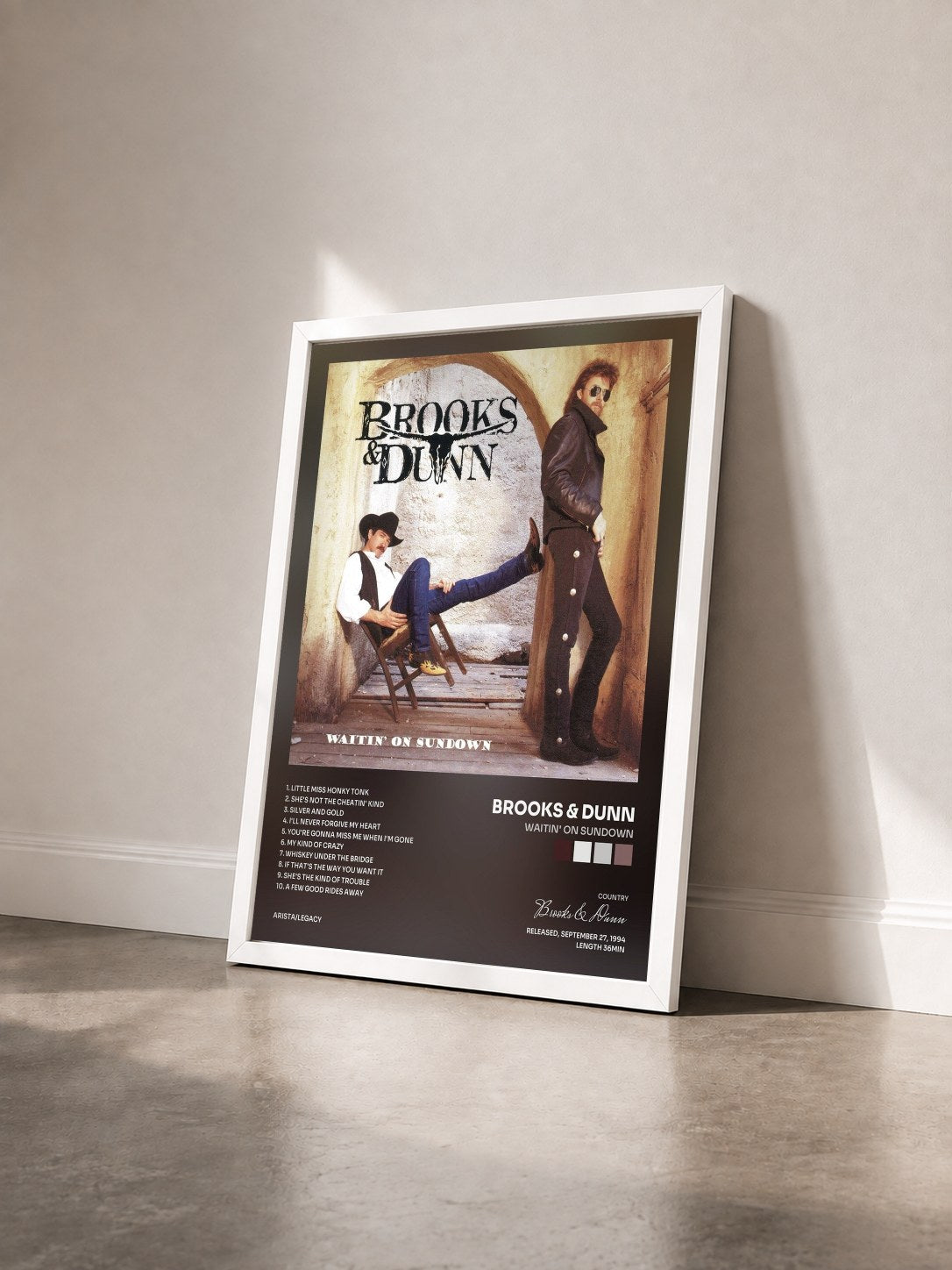 #blanc Tableau de l'album Waitin' On Sundown de Brooks & Dunn vu de trois quarts, cadre blanc