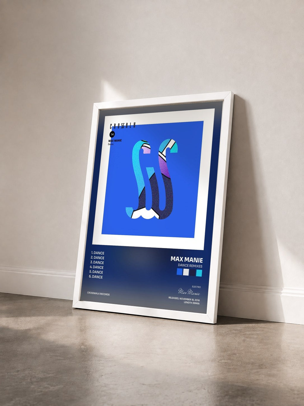 #blanc Tableau de l'album Dance Remixes de Max Manie vu de trois quarts, cadre blanc