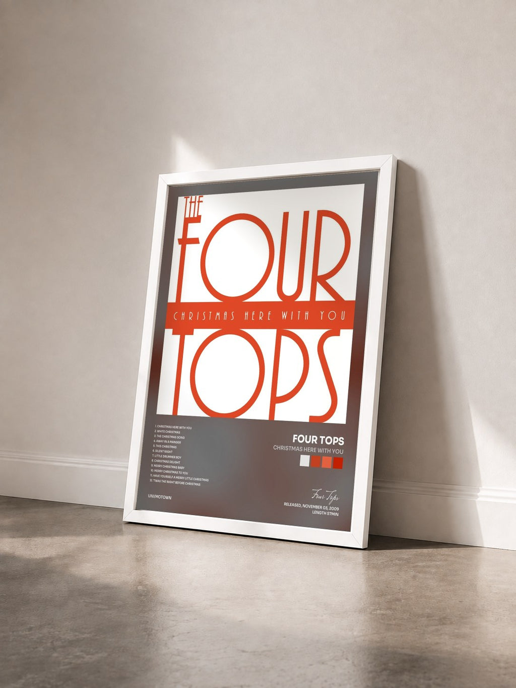 #blanc Tableau de l'album Christmas Here With You de Four Tops vu de trois quarts, cadre blanc