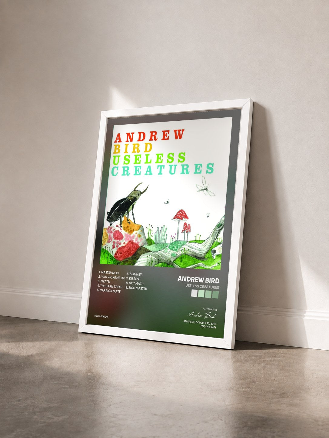 #blanc Tableau de l'album Useless Creatures de Andrew Bird vu de trois quarts, cadre blanc
