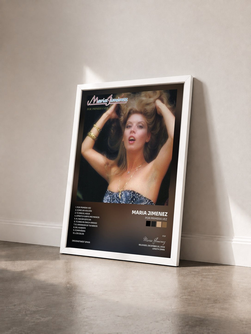 #blanc Tableau de l'album Por primera vez de Maria Jimenez vu de trois quarts, cadre blanc