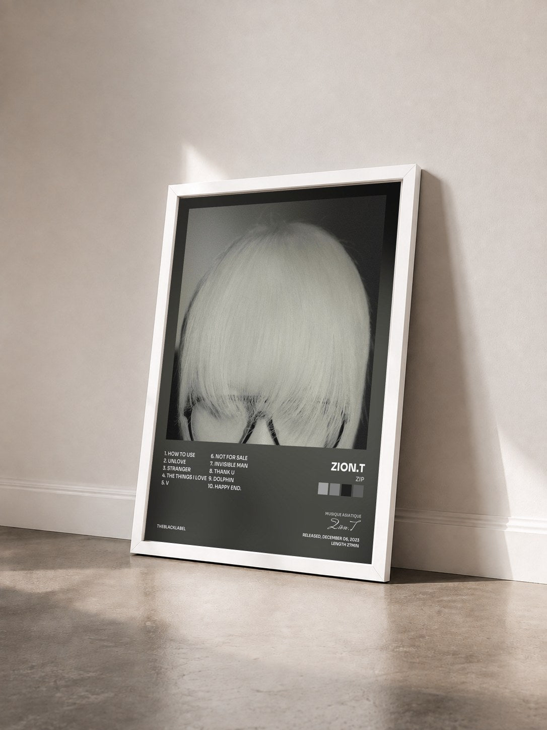 #blanc Tableau de l'album Zip de Zion.T vu de trois quarts, cadre blanc
