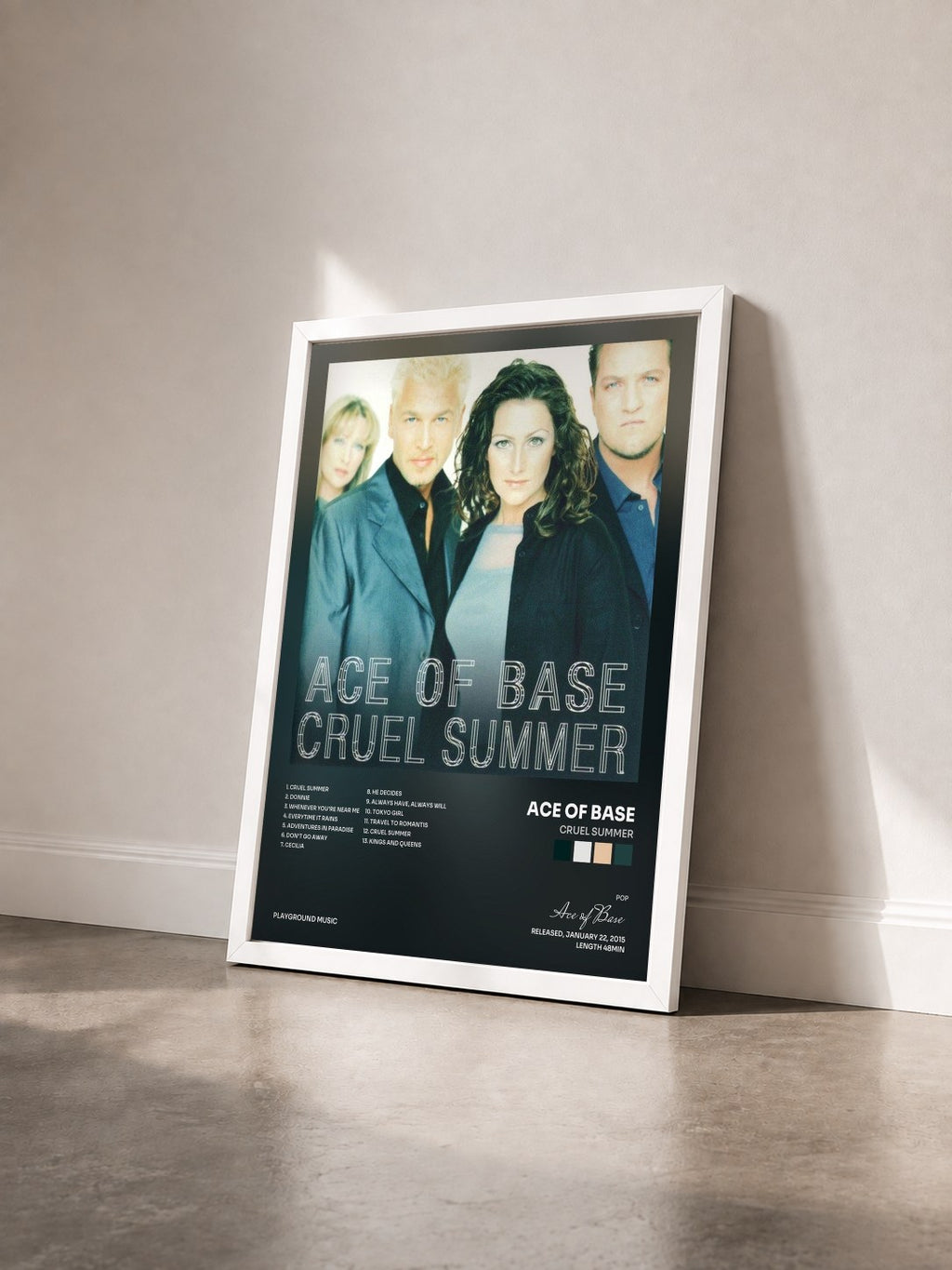 #blanc Tableau de l'album Cruel Summer de Ace of Base vu de trois quarts, cadre blanc