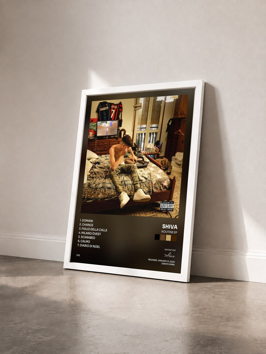 #blanc Tableau de l'album Routine EP de Shiva vu de trois quarts, cadre blanc