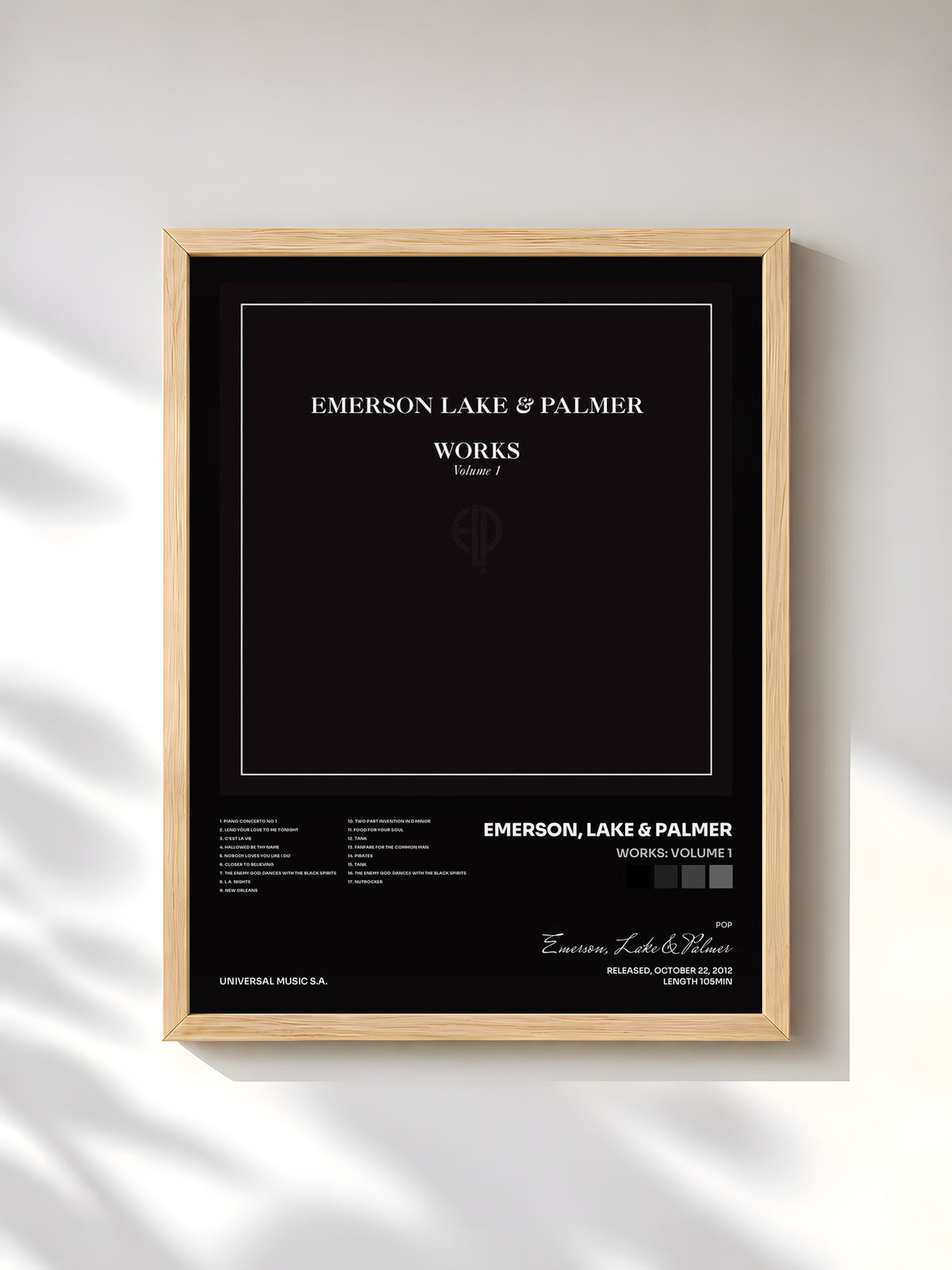 #bois Tableau de l'album Works: Volume 1 de Emerson, Lake & Palmer, cadre en bois brut, imprimé et encadré en France