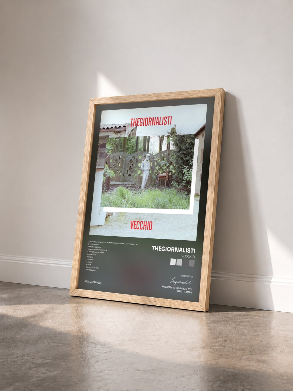 #bois Tableau de l'album Vecchio de Thegiornalisti vu de trois quarts, cadre en bois brut
