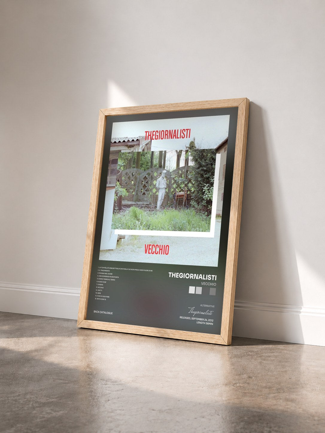 #bois Tableau de l'album Vecchio de Thegiornalisti vu de trois quarts, cadre en bois brut