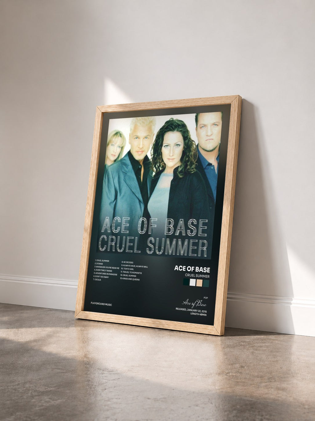 #bois Tableau de l'album Cruel Summer de Ace of Base vu de trois quarts, cadre en bois brut