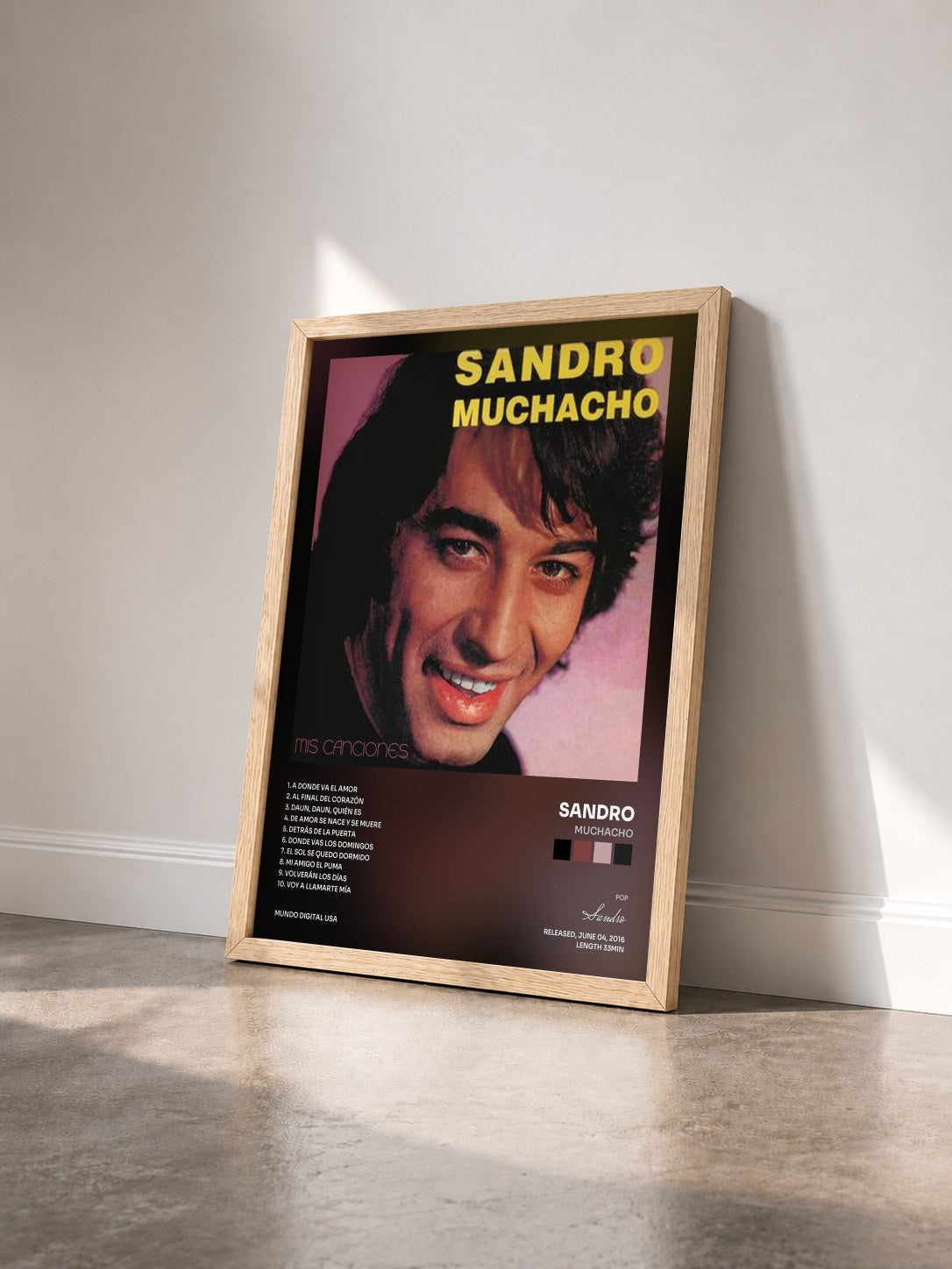 #bois Tableau de l'album Muchacho de Sandro vu de trois quarts, cadre en bois brut
