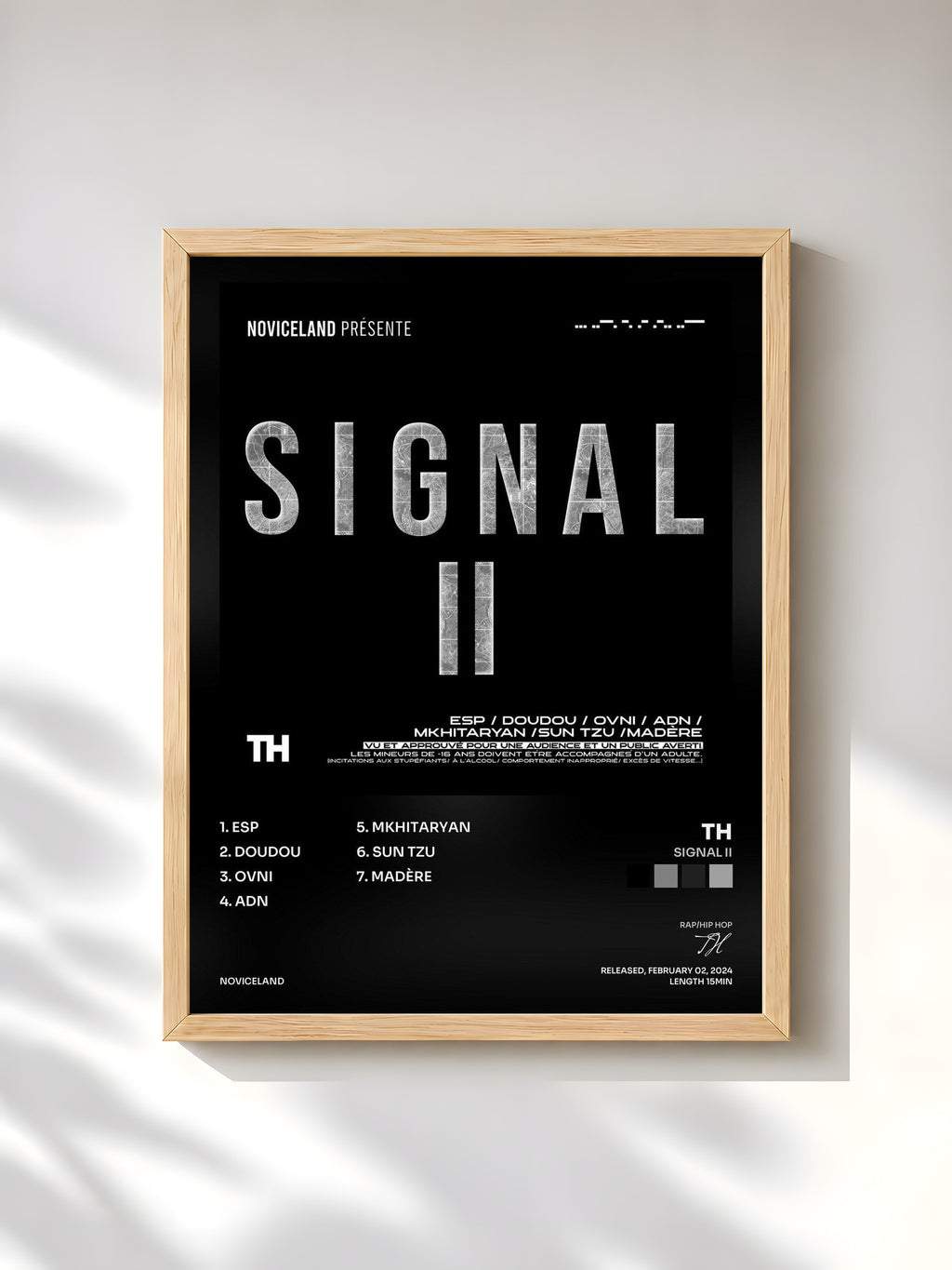 #bois Tableau de l'album SIGNAL II de TH, cadre en bois brut, imprimé et encadré en France