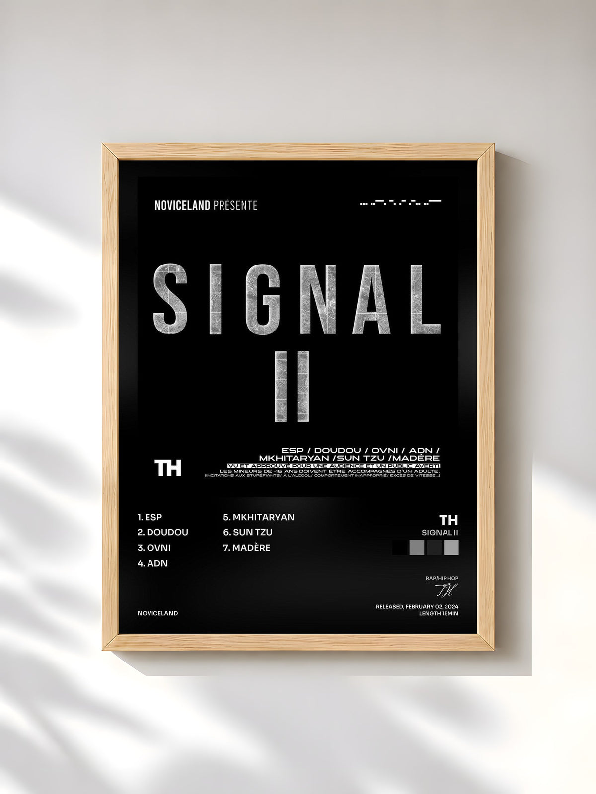 #bois Tableau de l'album SIGNAL II de TH, cadre en bois brut, imprimé et encadré en France