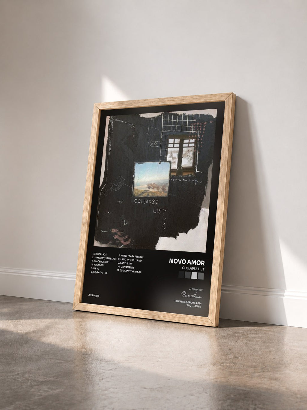 #bois Tableau de l'album Collapse List de Novo Amor vu de trois quarts, cadre en bois brut