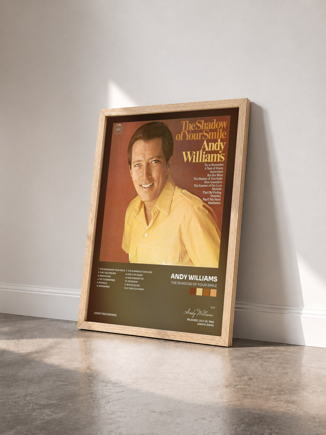 #bois Tableau de l'album The Shadow of Your Smile de Andy Williams vu de trois quarts, cadre en bois brut