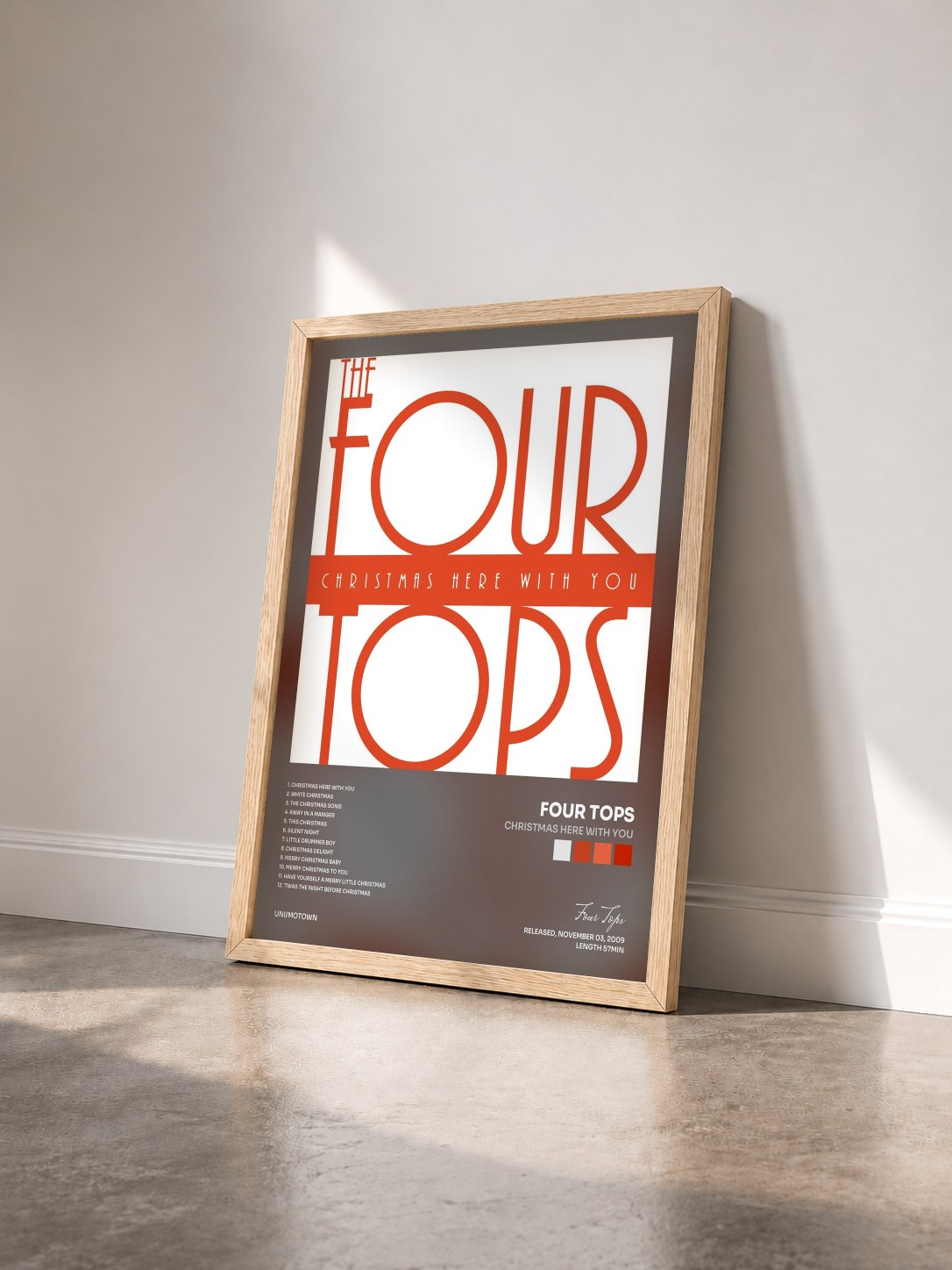 #bois Tableau de l'album Christmas Here With You de Four Tops vu de trois quarts, cadre en bois brut