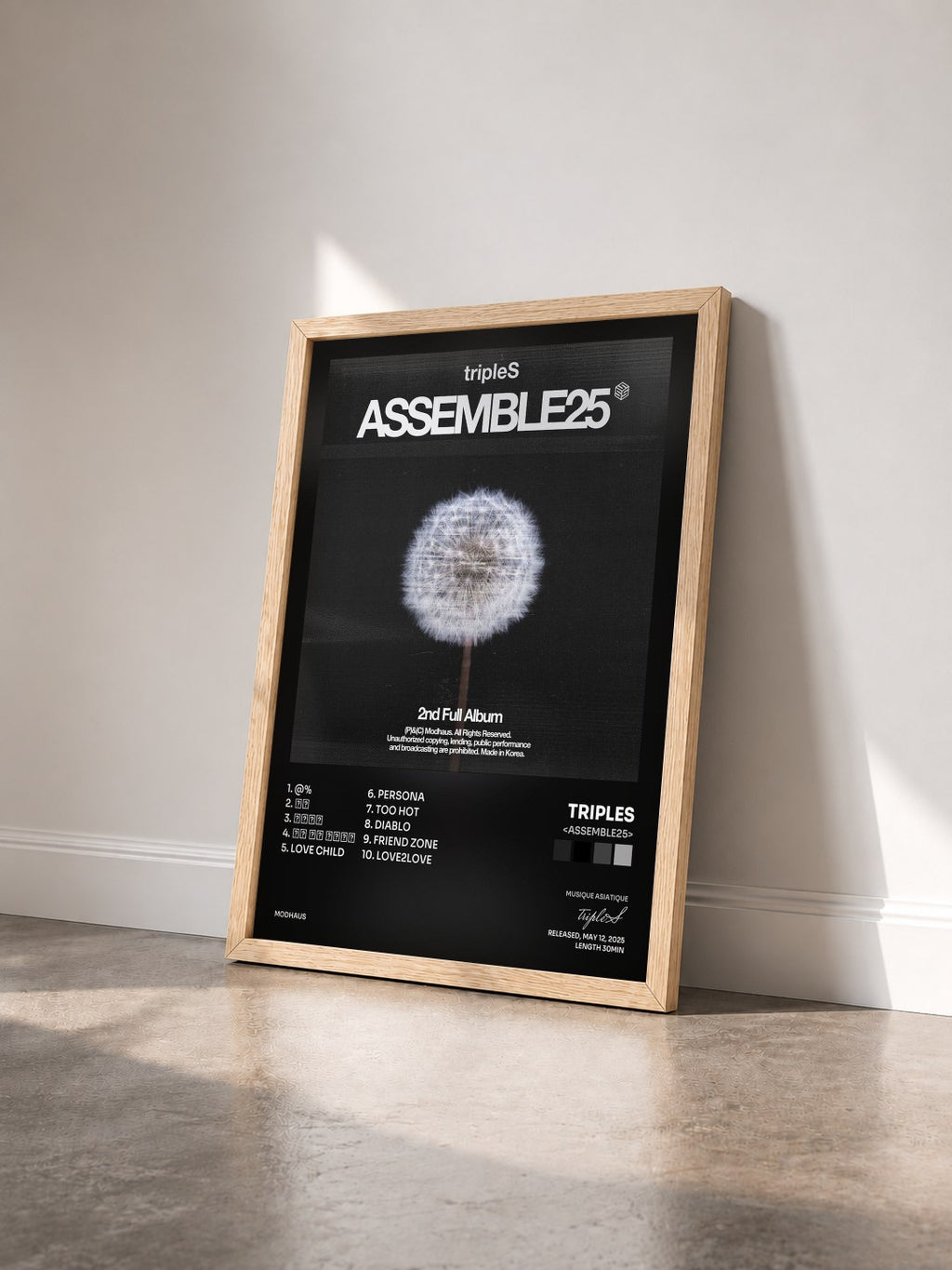 #bois Tableau de l'album <ASSEMBLE25> de tripleS vu de trois quarts, cadre en bois brut