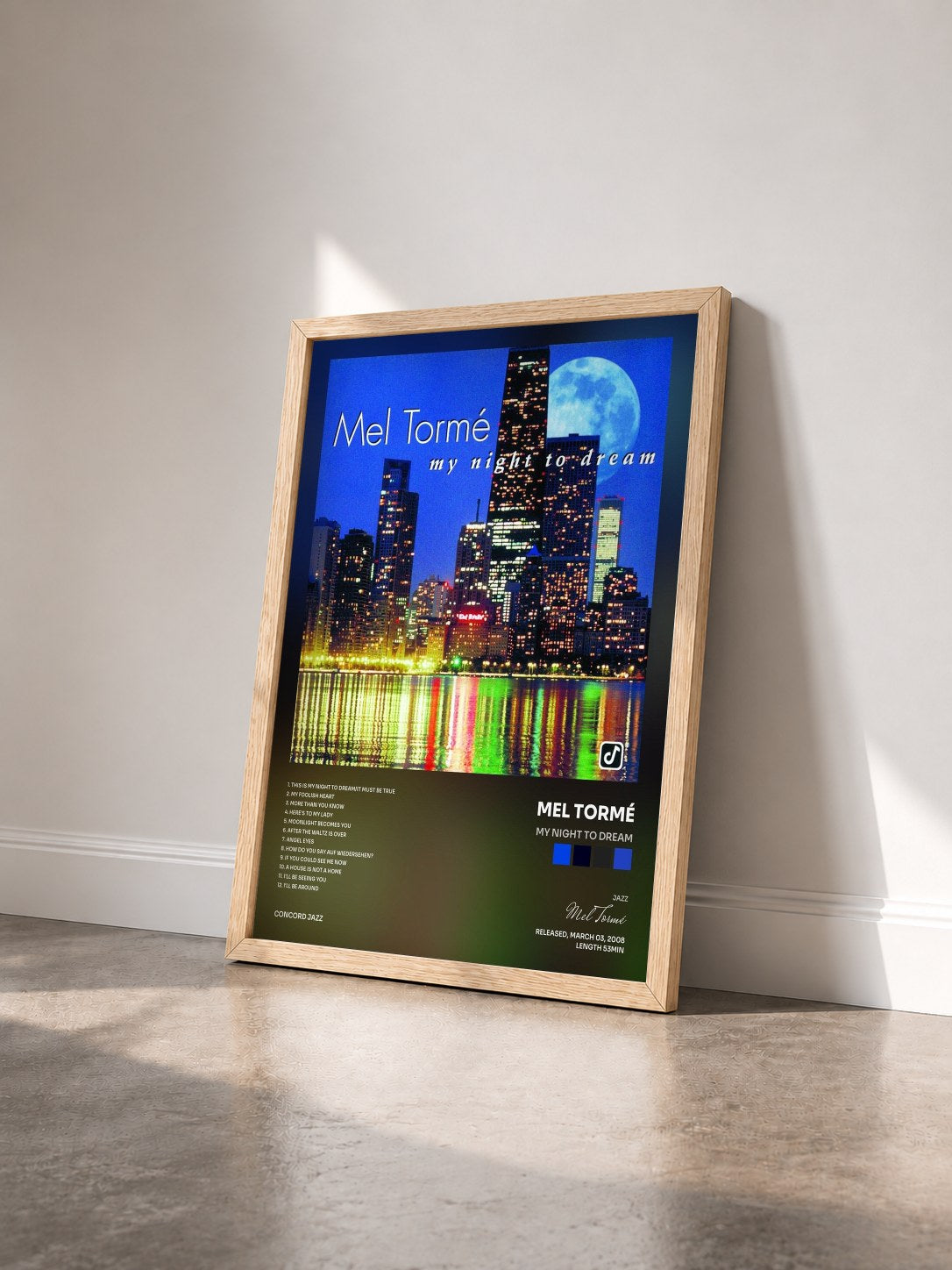 #bois Tableau de l'album My Night To Dream de Mel Tormé vu de trois quarts, cadre en bois brut